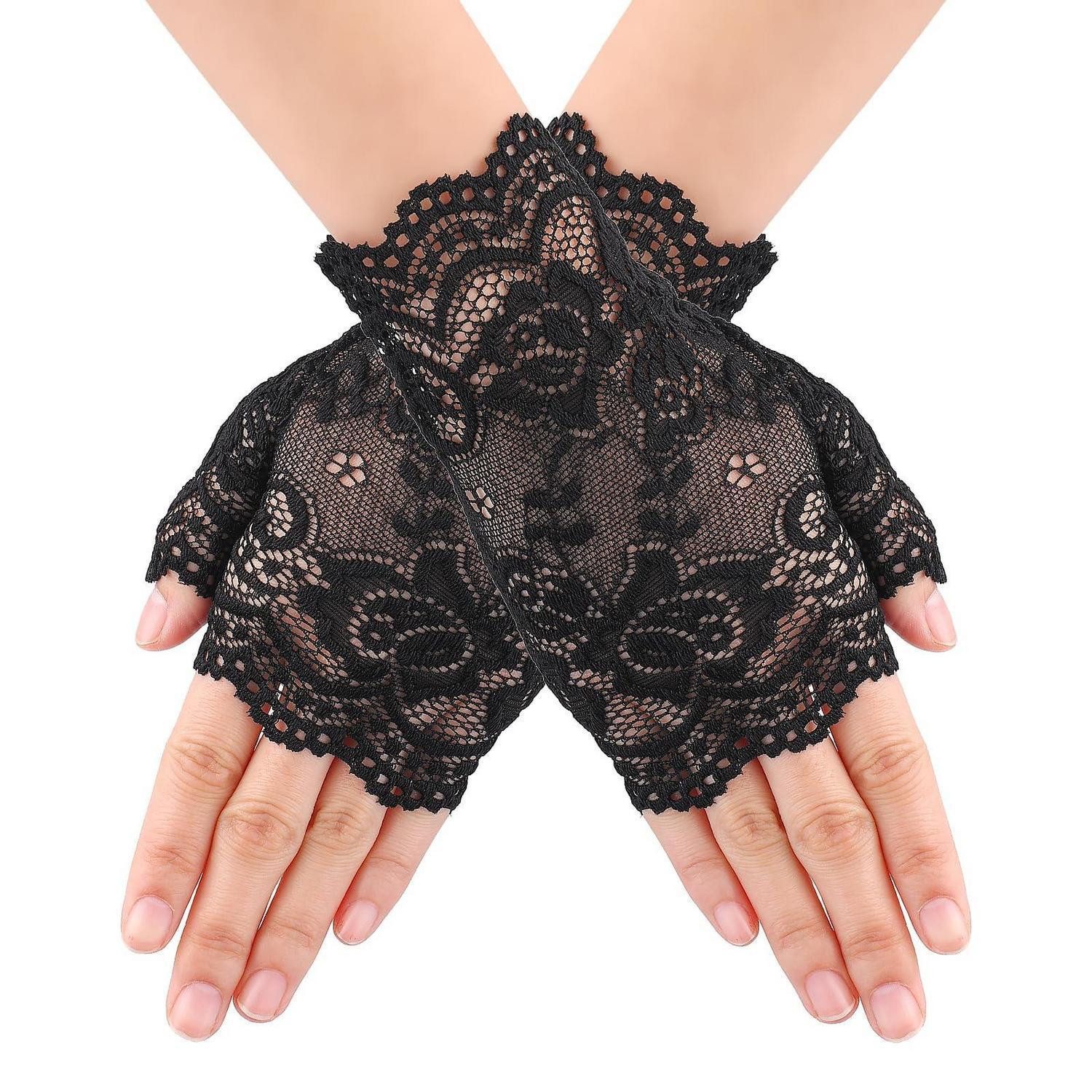 LuxusKollektion Abendhandschuhe Handschuhe Damen Spitze Kurz Blumenmuster Schwarz (1-St)