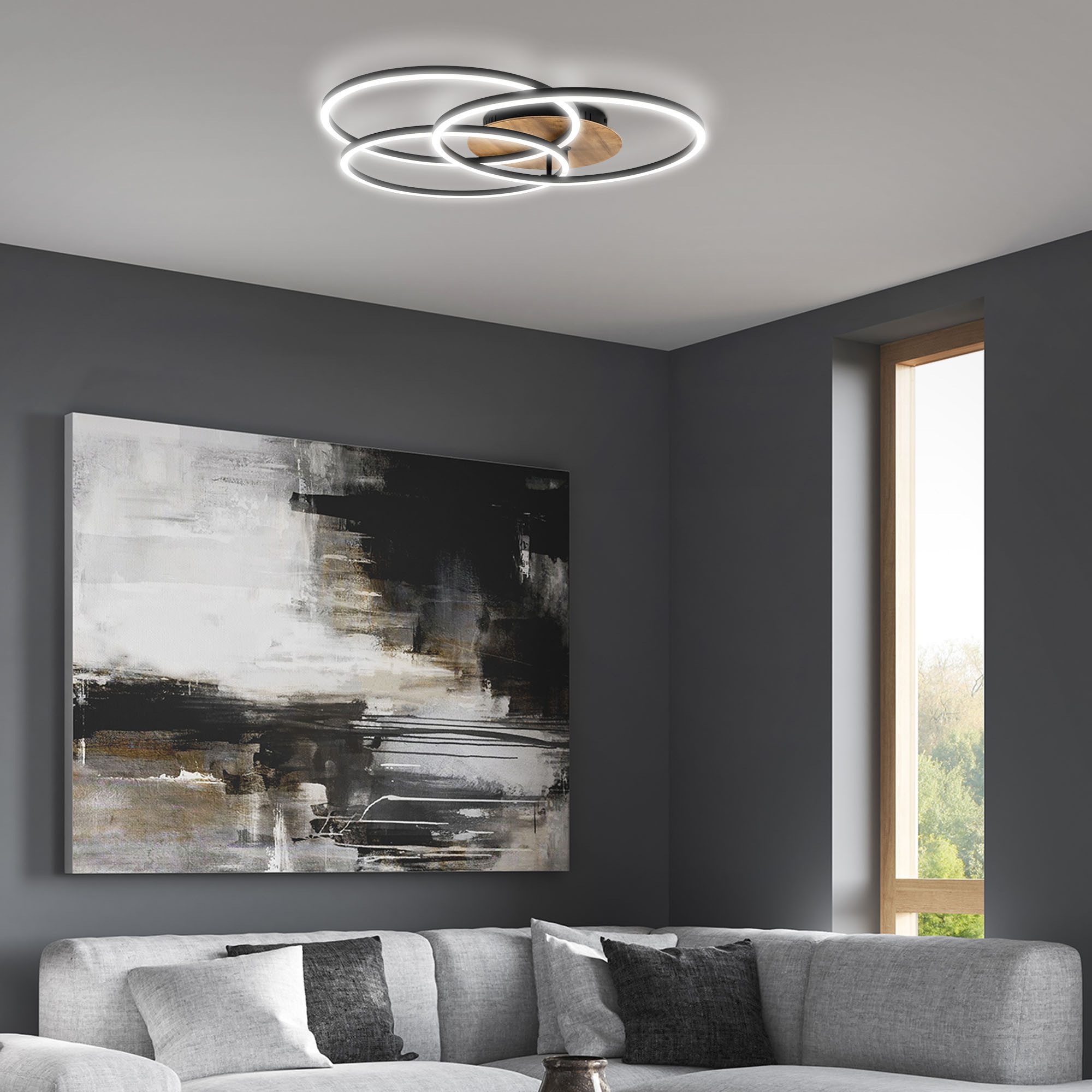 B.K.Licht Deckenleuchte LED-FRAME Deckenlampe dimmbar ultra-flach Holz & schwarz matt BKL1528, Dimmfunktion, LED fest integriert, CCT Farbwechsler - Kaltweiß / Neutralweiß / Warmweiß, 3000-6500K Wohnzimmer-Leuchte 40W 4400lm Fernbedienung Timer Memory
