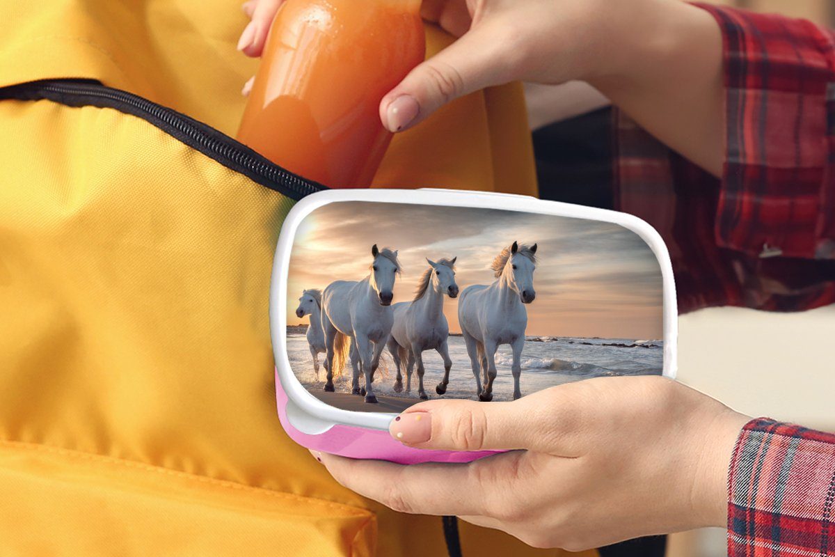 MuchoWow Lunchbox Pferde - - für Brotbox Sonne Mädchen, Kinder, (2-tlg), Meer, Brotdose rosa Strand Kunststoff, Kunststoff - Erwachsene, Snackbox