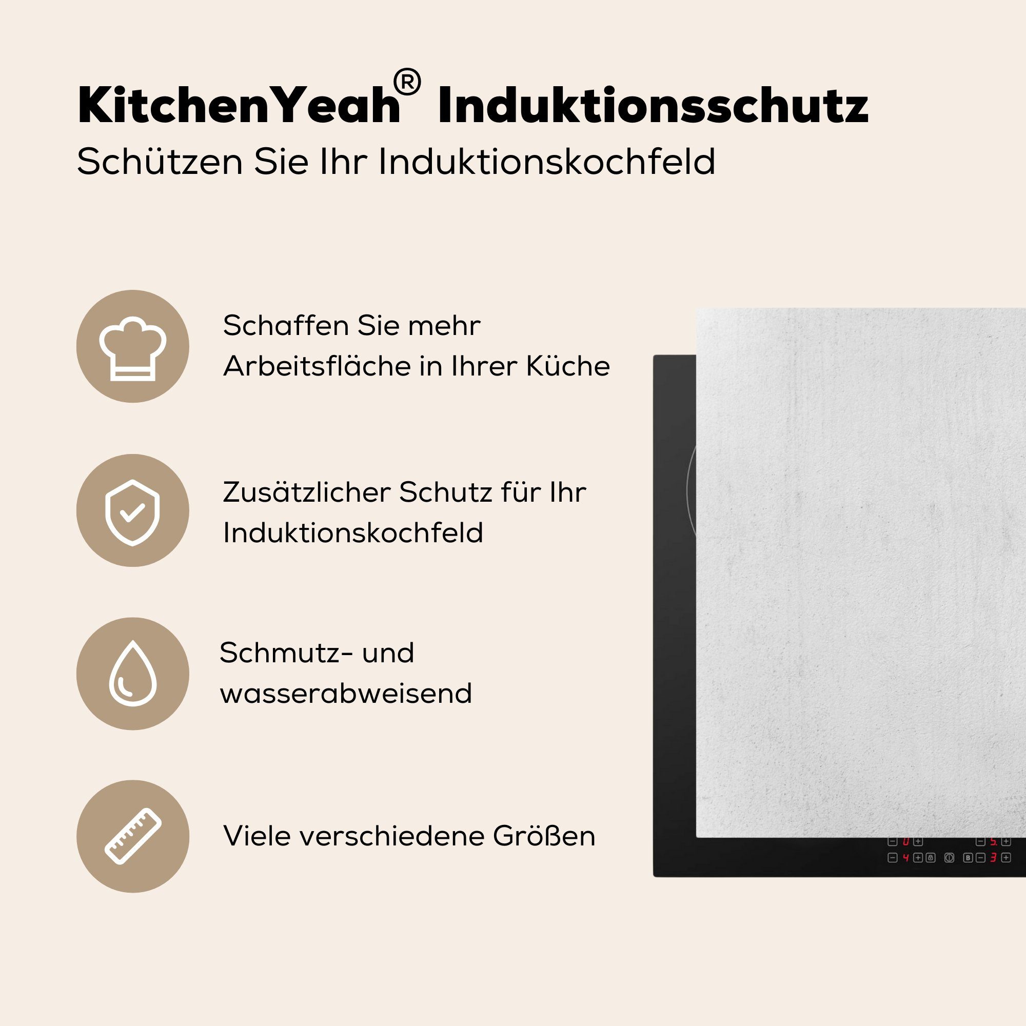 die küche, - (1 Induktionskochfeld tlg), für Vinyl, MuchoWow - Weiß 81x52 Beton Schutz Grau, cm, Ceranfeldabdeckung Herdblende-/Abdeckplatte