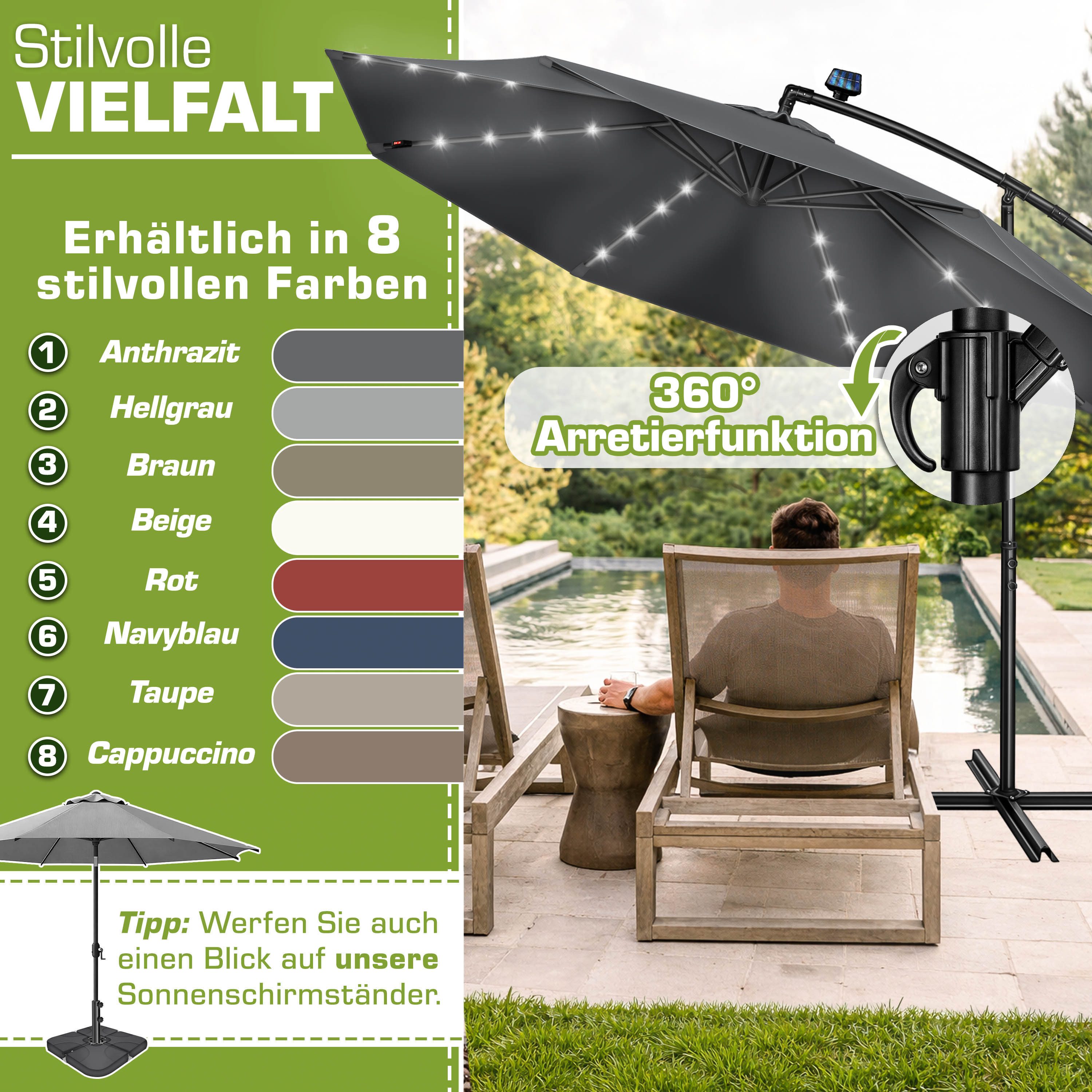 tillvex Sonnenschirm tillvex® Sonnenschirm LED Solar Ø 3m Ampelschirm Balkon Gartenschirm, Alu Ampelschirm + Abdeckung LED Solar Ø 350 cm mit Kurbel, Abdeckung  – Bild 5 von 5