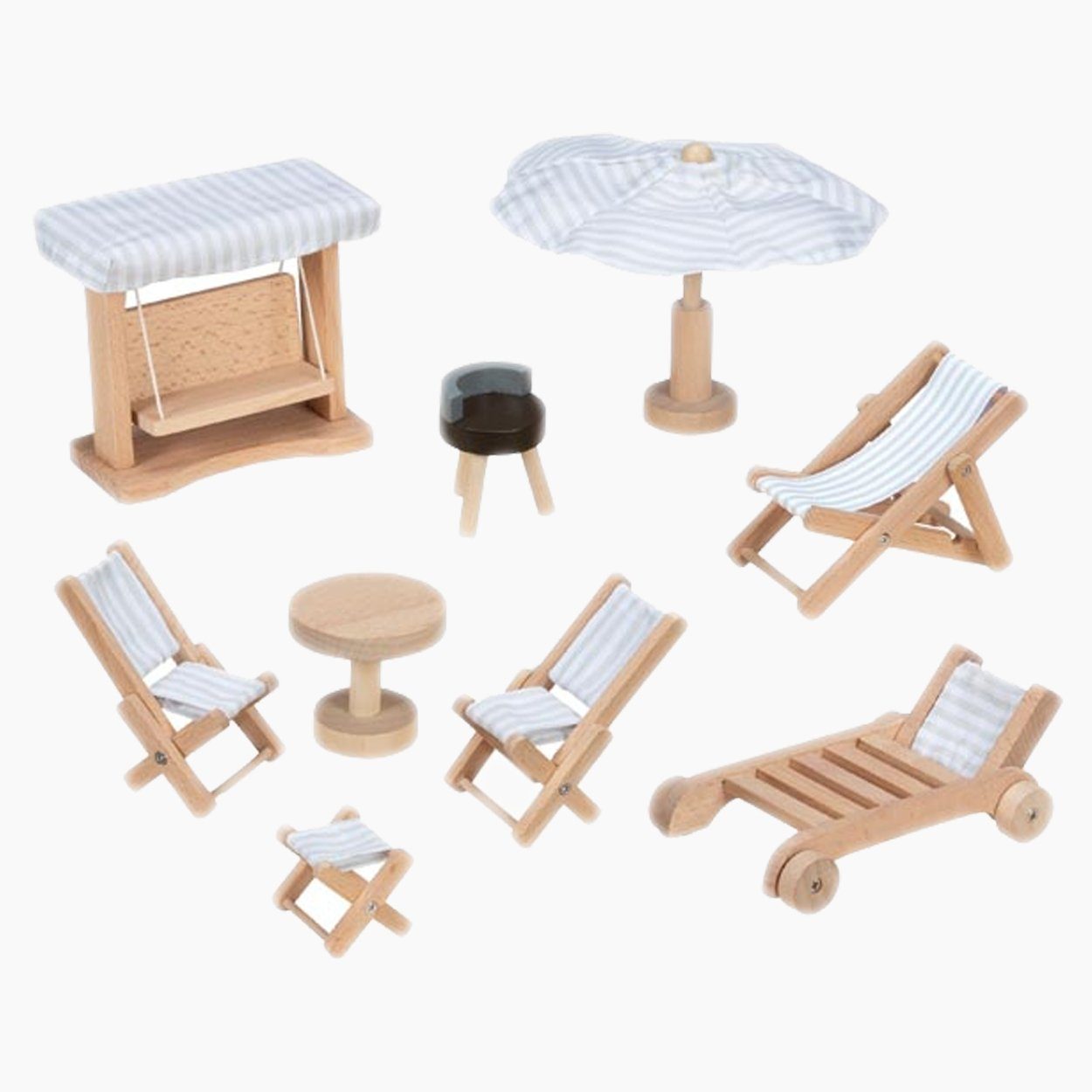 goki Puppenhausmöbel Puppengartenmöbel Weiß (packung, 9tlg., 9-teiligen Set), mit Grill, über Liegestühle und Sonnenschirm