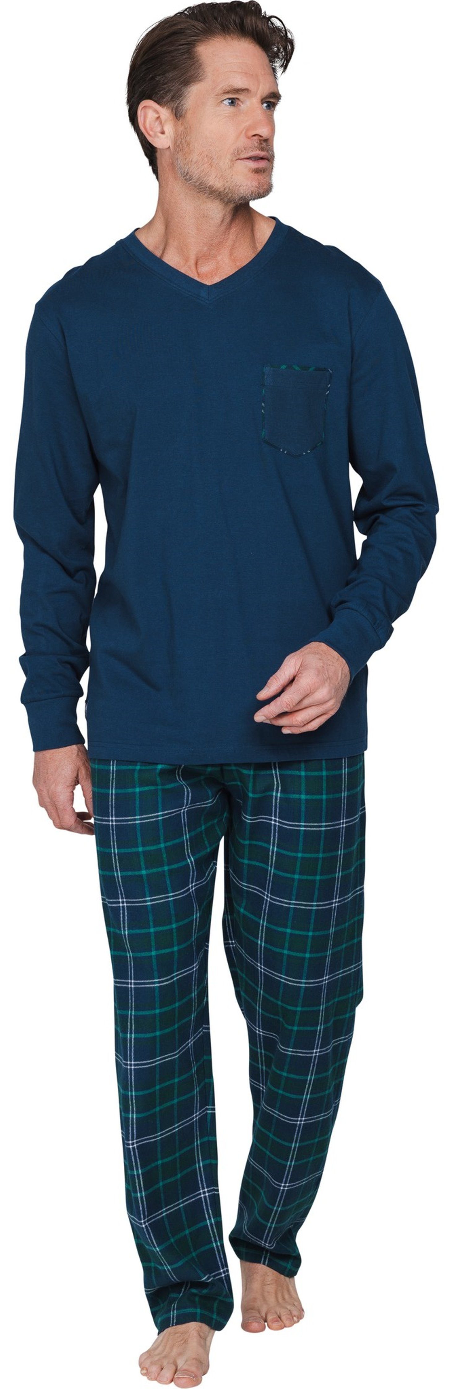 Pastunette Schlafanzug Herren Pyjama mit Flanellhose (2 tlg) Baumwolle