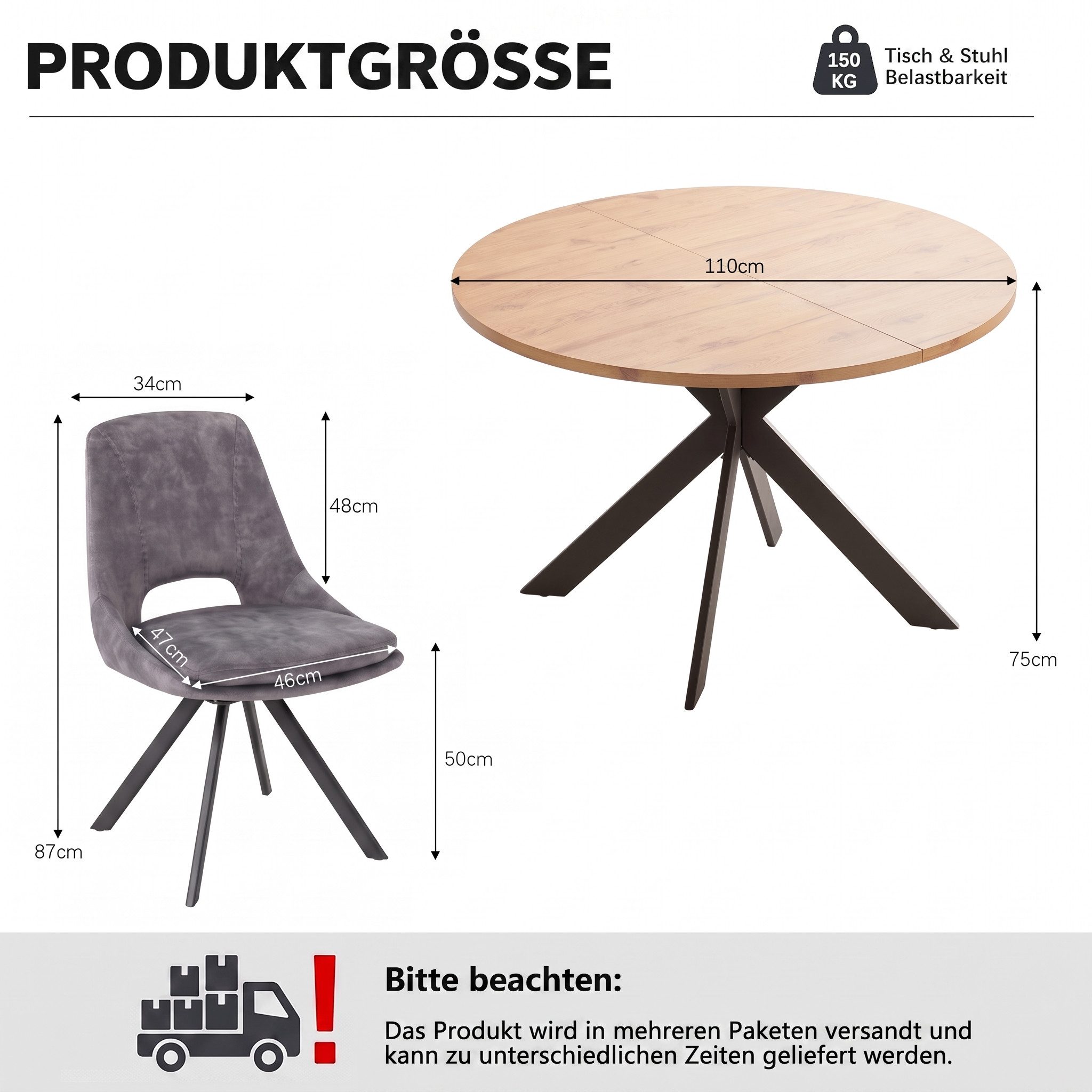Jiexi Essgruppe Runder Esstisch 110cm MDF Set mit 4 Flanell Stühlen Kreuzgestell – Bild 3 von 5