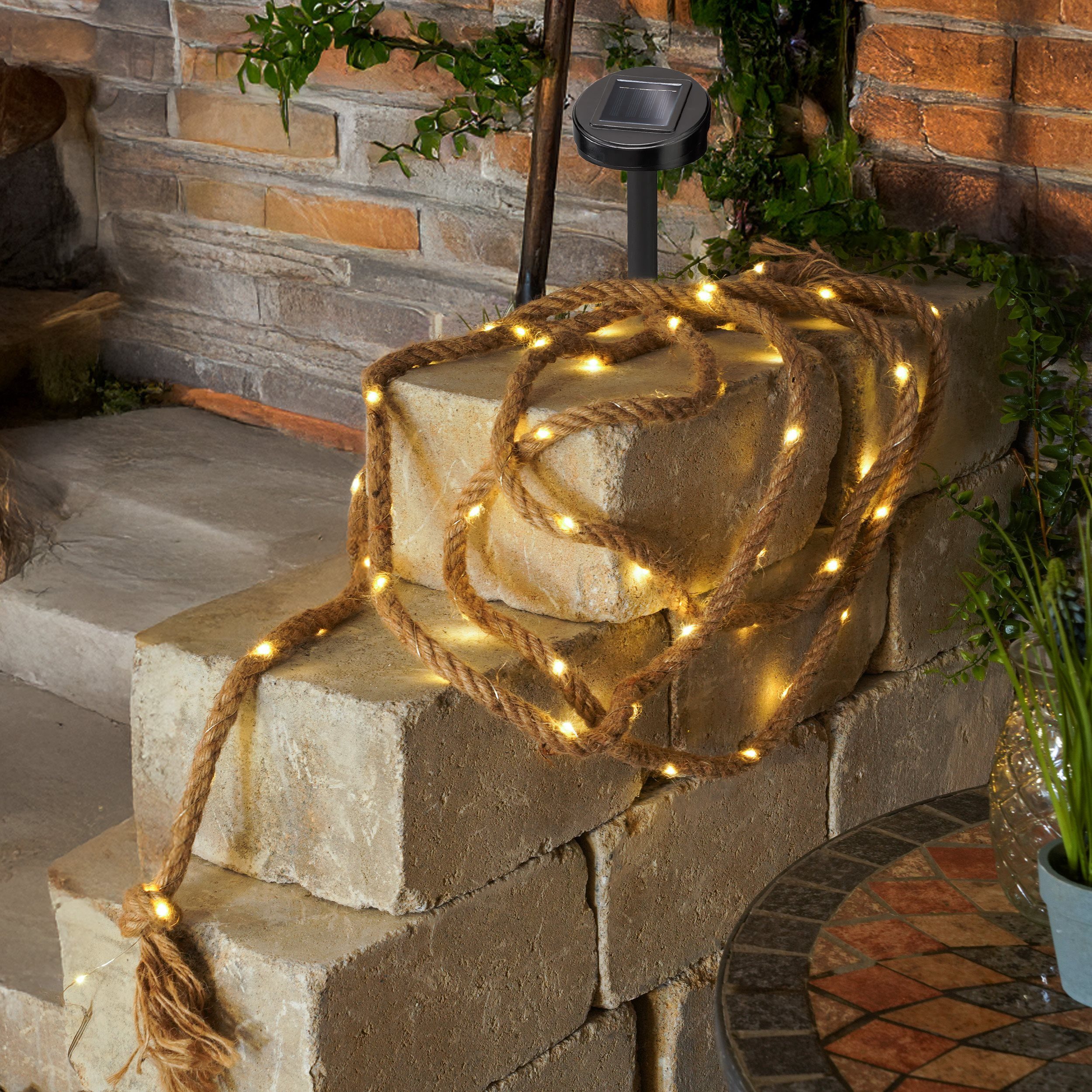 esotec LED-Lichterkette Beleuchtetes Juteseil außen 4,5m LED-Kette +2m Zuleitung 3000K 102164, Solarbetrieb ohne Stromanschluss, Dauer- oder Blinklicht, winterfest