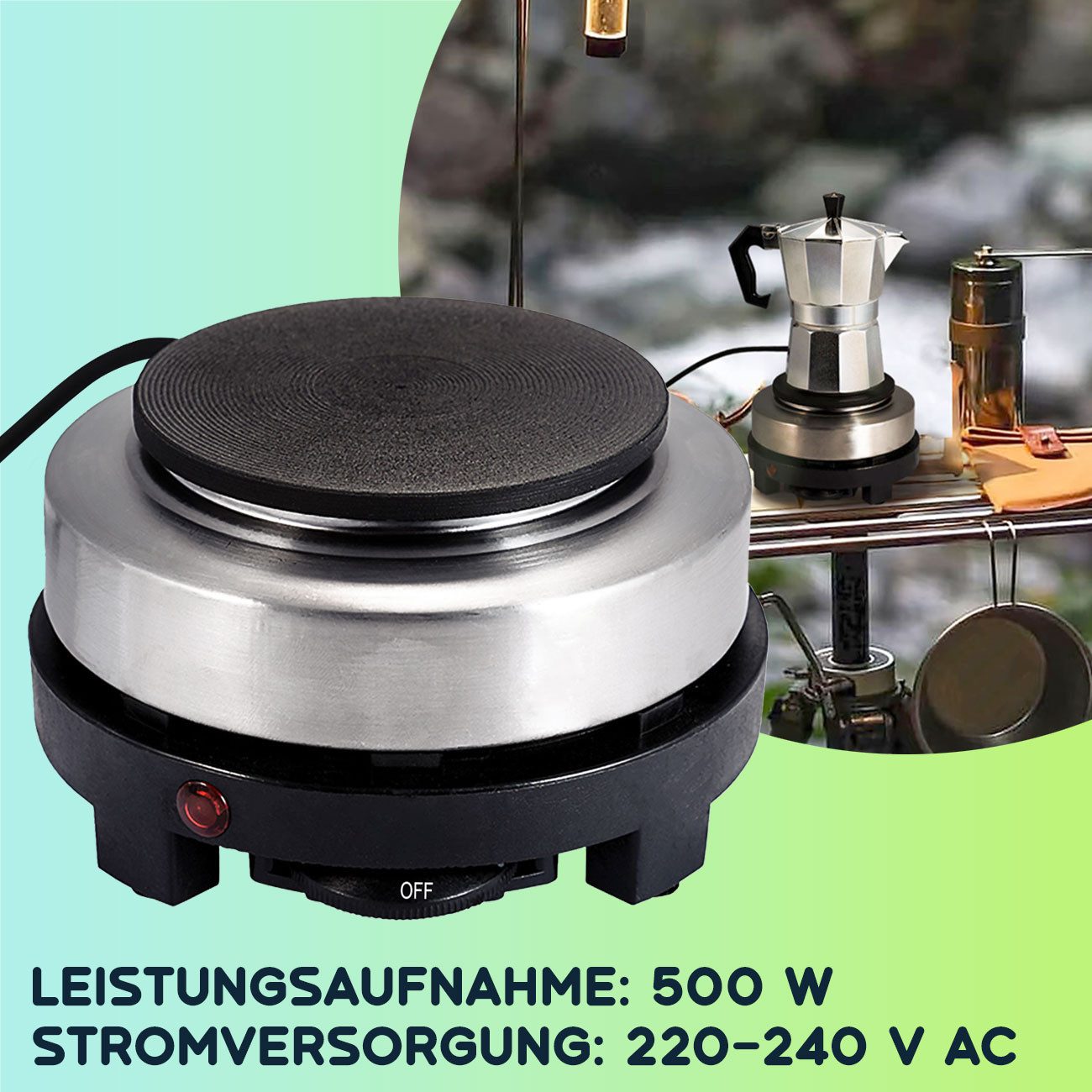 Casativo Einzelkochplatte Mini-Kochplatte 500W (10cm) - Ideal für Camping & Espressokocher, Mit Kontrollleuchte, Thermostat und Überhitzungsschutz