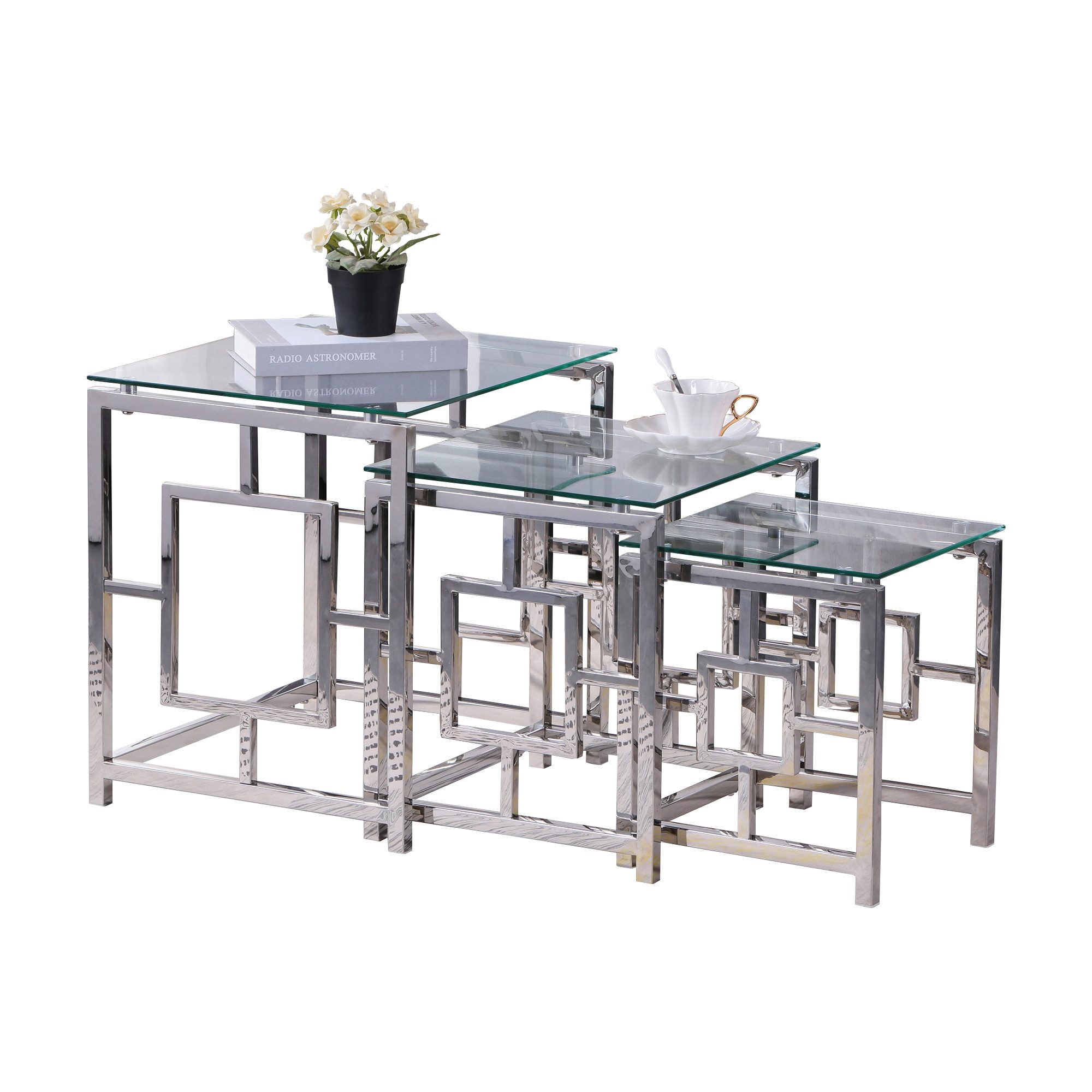 JYMTOM Couchtisch 3er Set aus Edelstahlgestell und Hartglas für Wohnzimmer günstig online kaufen