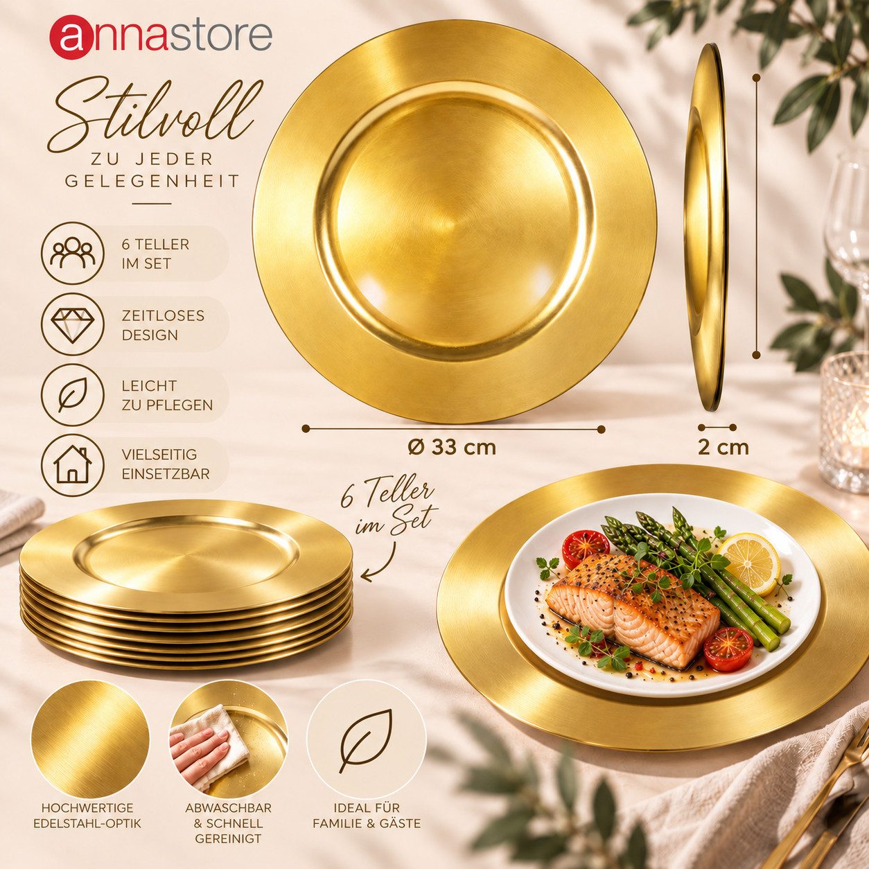 Annastore Platzset 6 x Platzteller aus herrlich schimmerndem Melamin Ø 33 cm - Dekoteller, Unterteller wiederverwendbar Dekoteller – Bild 2 von 4