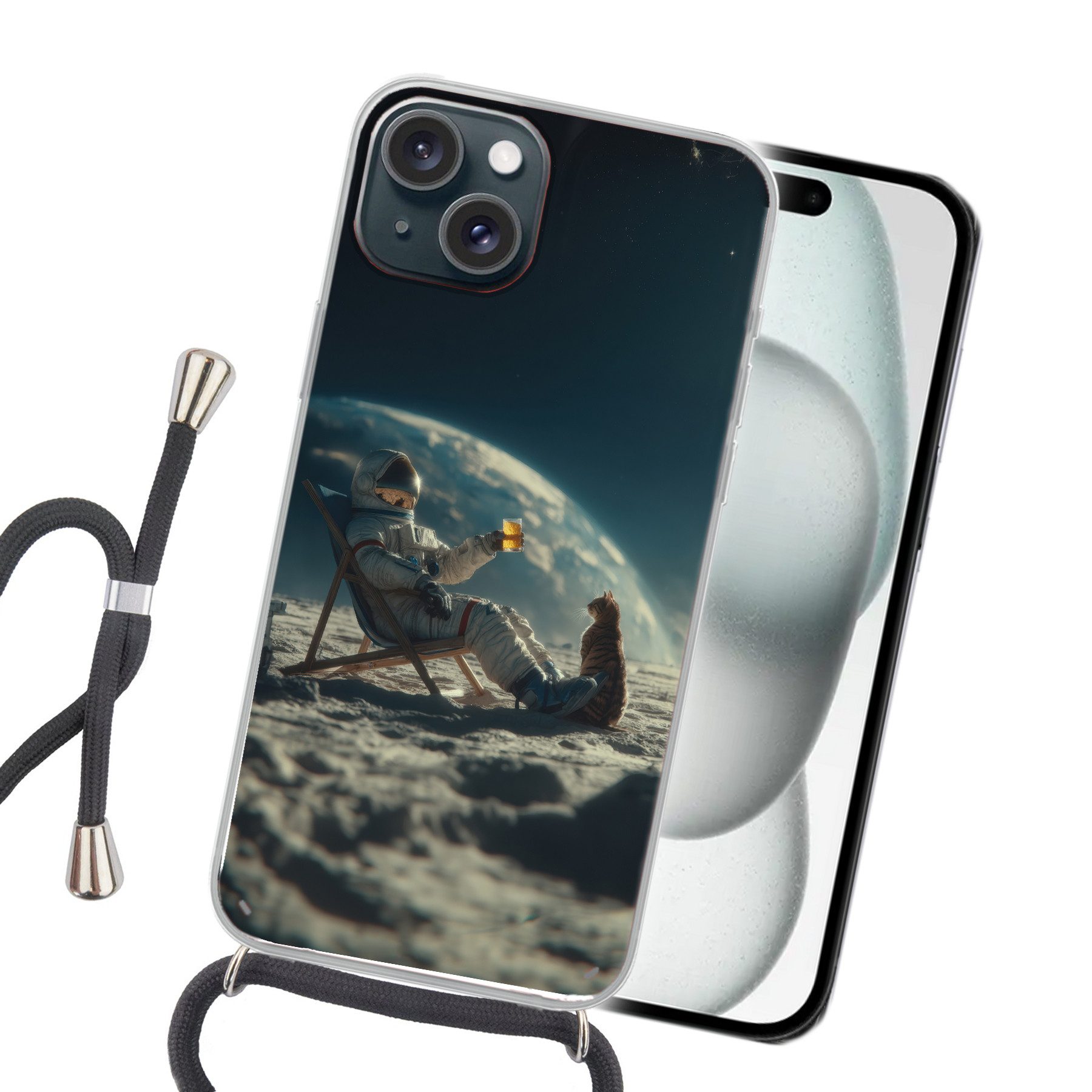 MuchoWow Handyhülle für Apple iPhone 15 Plus Astronaut - Katze - Glas - Stuhl, Tragbare Handyhüllen mit Kette zum umhängen, Handykette Handyband