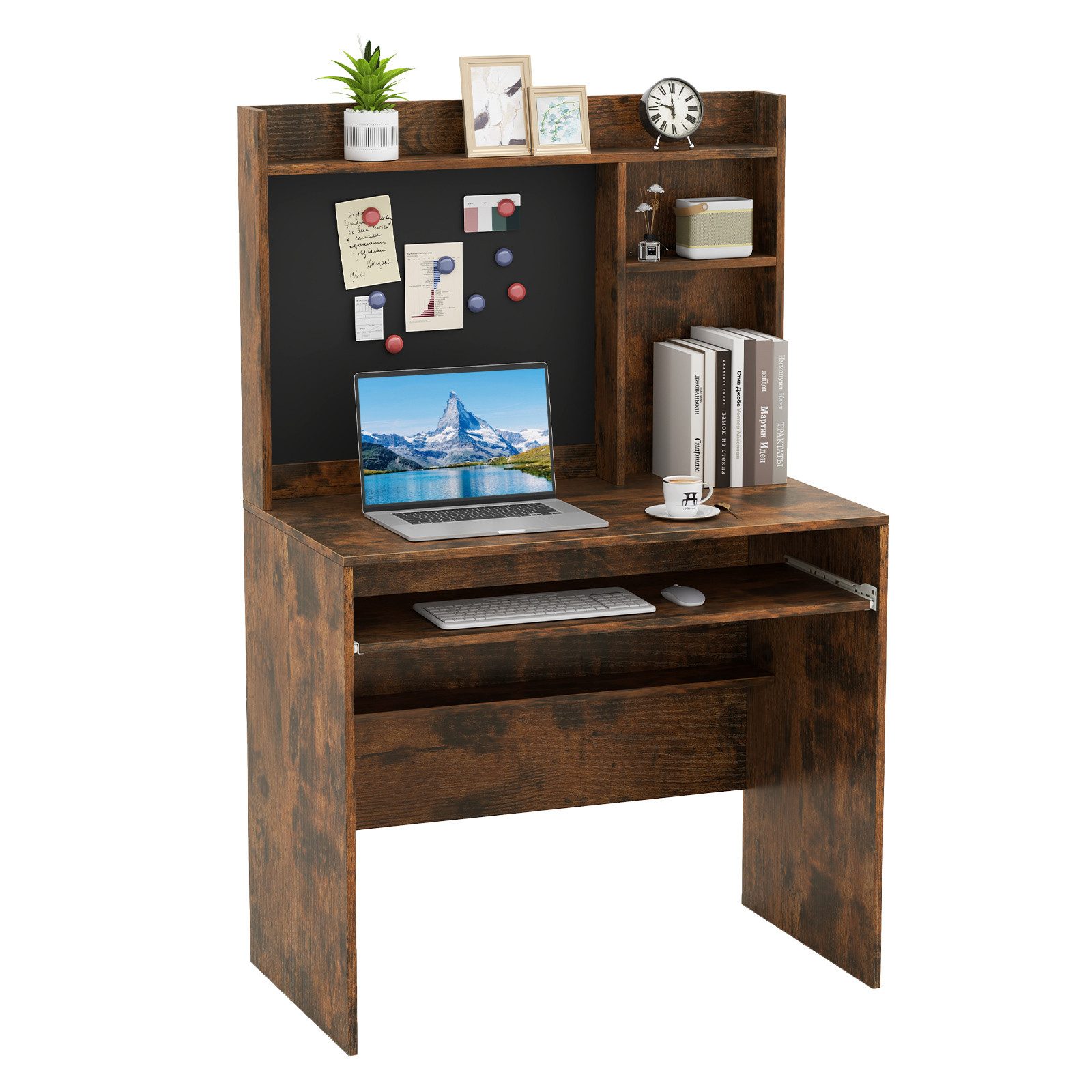 COSTWAY Schreibtisch, mit magnetischer Pinnwand & Aufsatz 89x50x138cm weiß