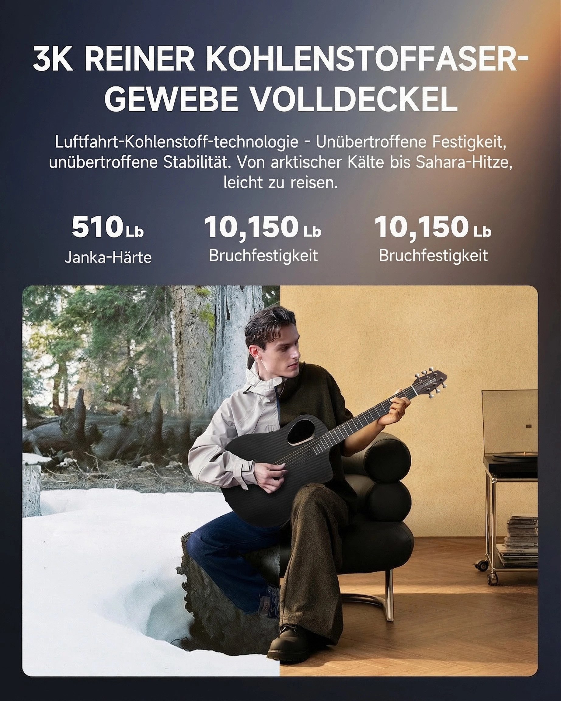 Donner Akustikgitarre 38" Carbonfaser Reisegitarre, Warmes Klangbild RISING-G1, Komplettset, Gigbag, Gurt, Stimmgerät, für Anfänger in voller Größe komplettes A – Bild 3 von 5