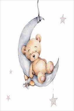 Teppich Baby Bären & Mond Design Weiß 11x Größen Waschbar Kinderfreundlich, Jungengel Textilien, Höhe: 6 mm, Fußbodenheizungsgeeignet