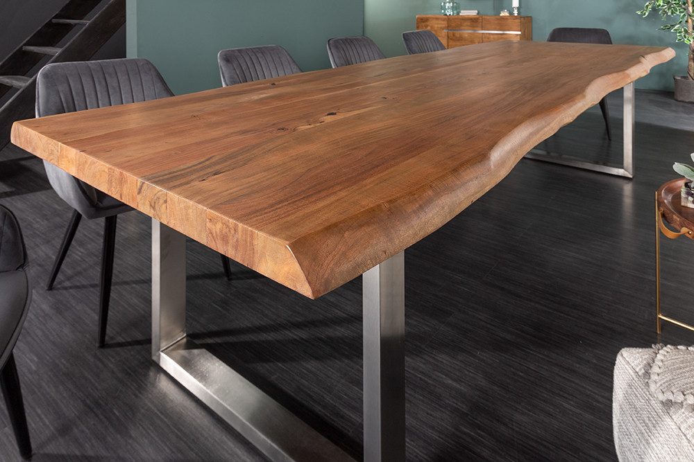 riess-ambiente Baumkantentisch MAMMUT 300cm natur/silber - Akazie, Edelstahl, U-Gestell, Massivholz (Einzelartikel, 1-St), Herzstück im Ess- oder Konferenzzimmer - ideal für max. 14 Personen