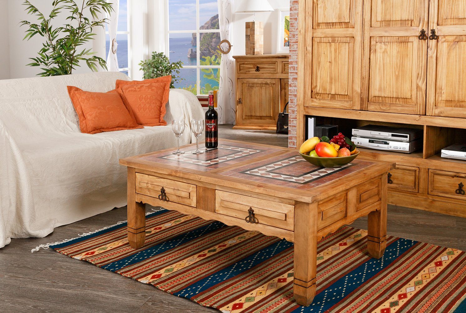 1a Direktimport Couchtisch Mexico Möbel Wohnzimmertisch - Pinie mit Marmor - Landhausstil