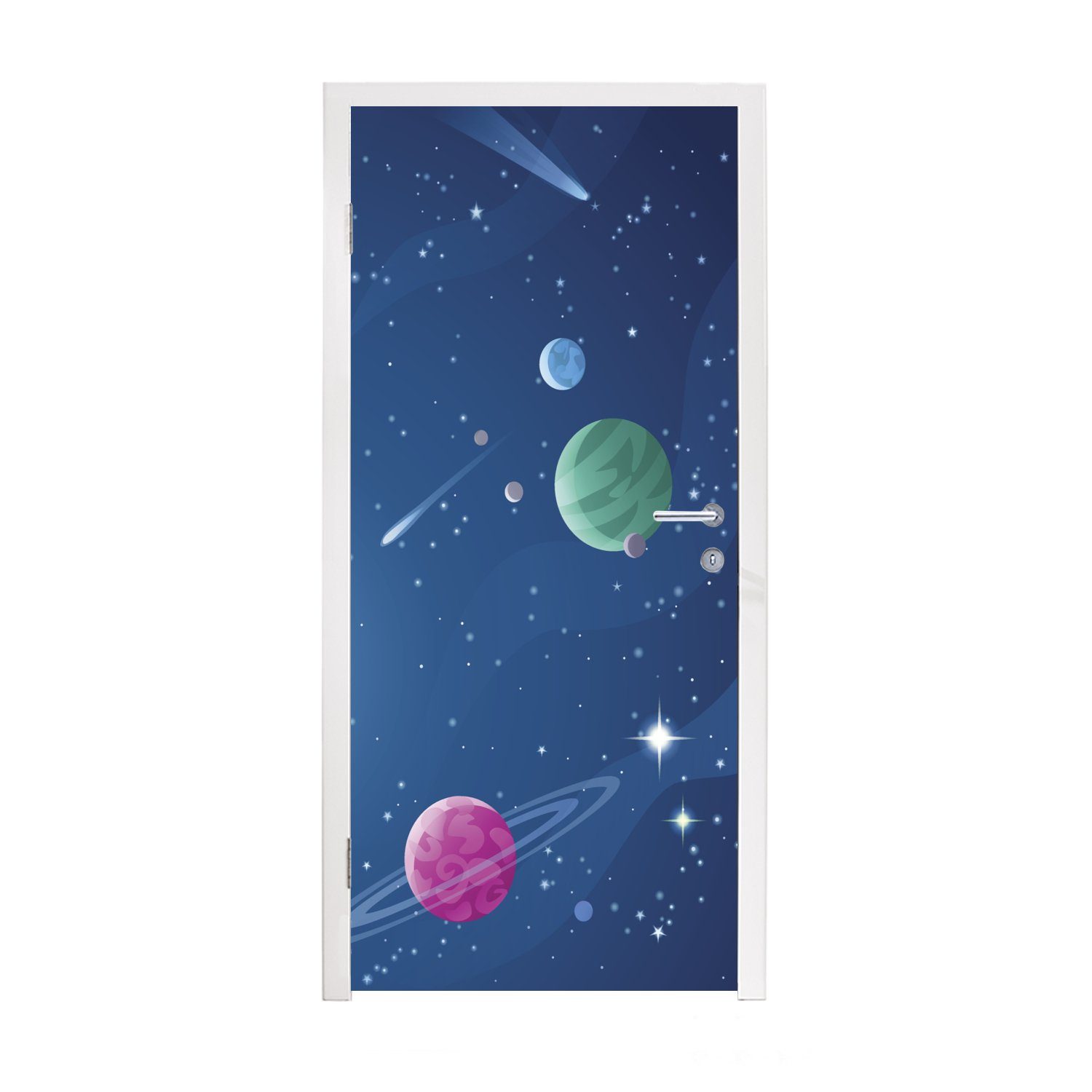 MuchoWow Türtapete Eine Illustration des mit Planeten gefüllten Weltraums, Matt, bedruckt, (1 St), Fototapete für Tür, Türaufkleber, 75x205 cm