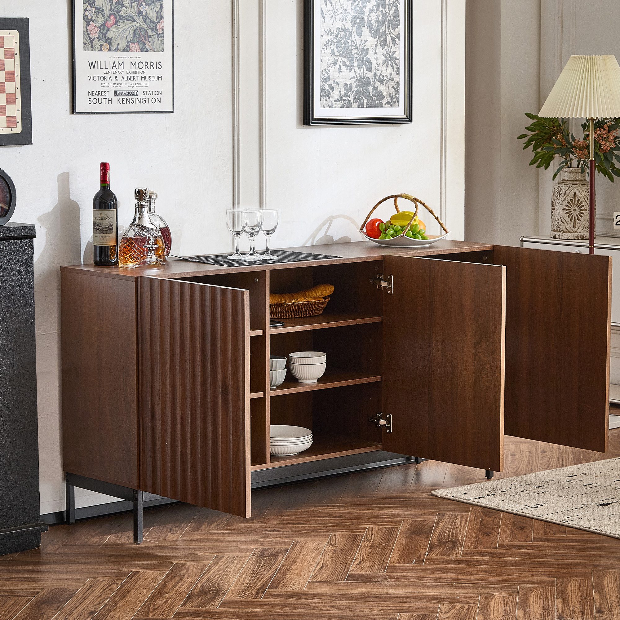Merax Sideboard Skandi mit 3 Türen und verstellbaren Einlegeböden (Aktenschrank Küchenschrank, für Wohnzimmer & Flur), Kommode Anrichte Schrank mit Metallfüße,  – Bild 3 von 5