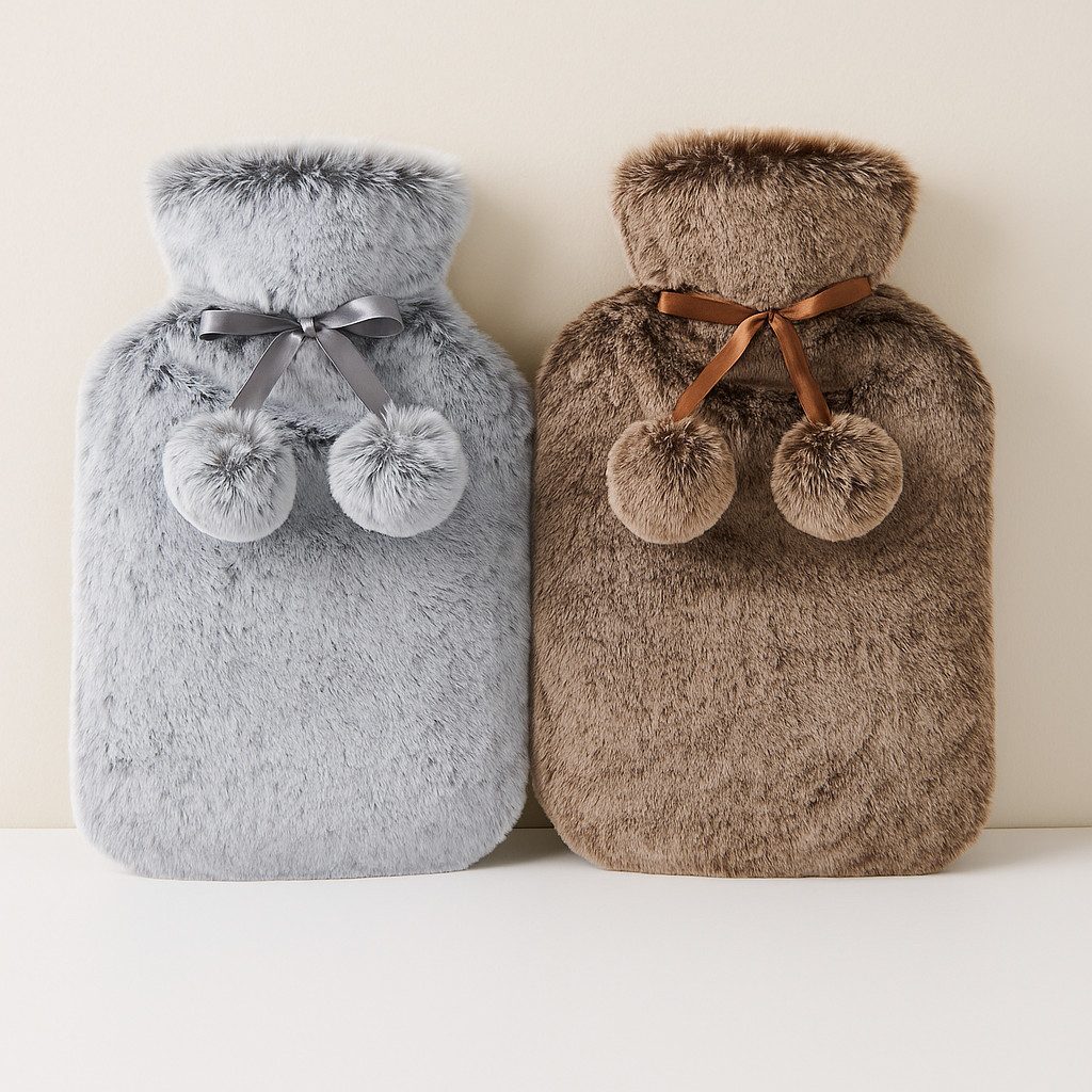 OSMA Werm Wärmflasche 2L mit Kunstfell grau oder beige 100% Polyester flauschig, Kuschelige Wärme mit Stil & Charme