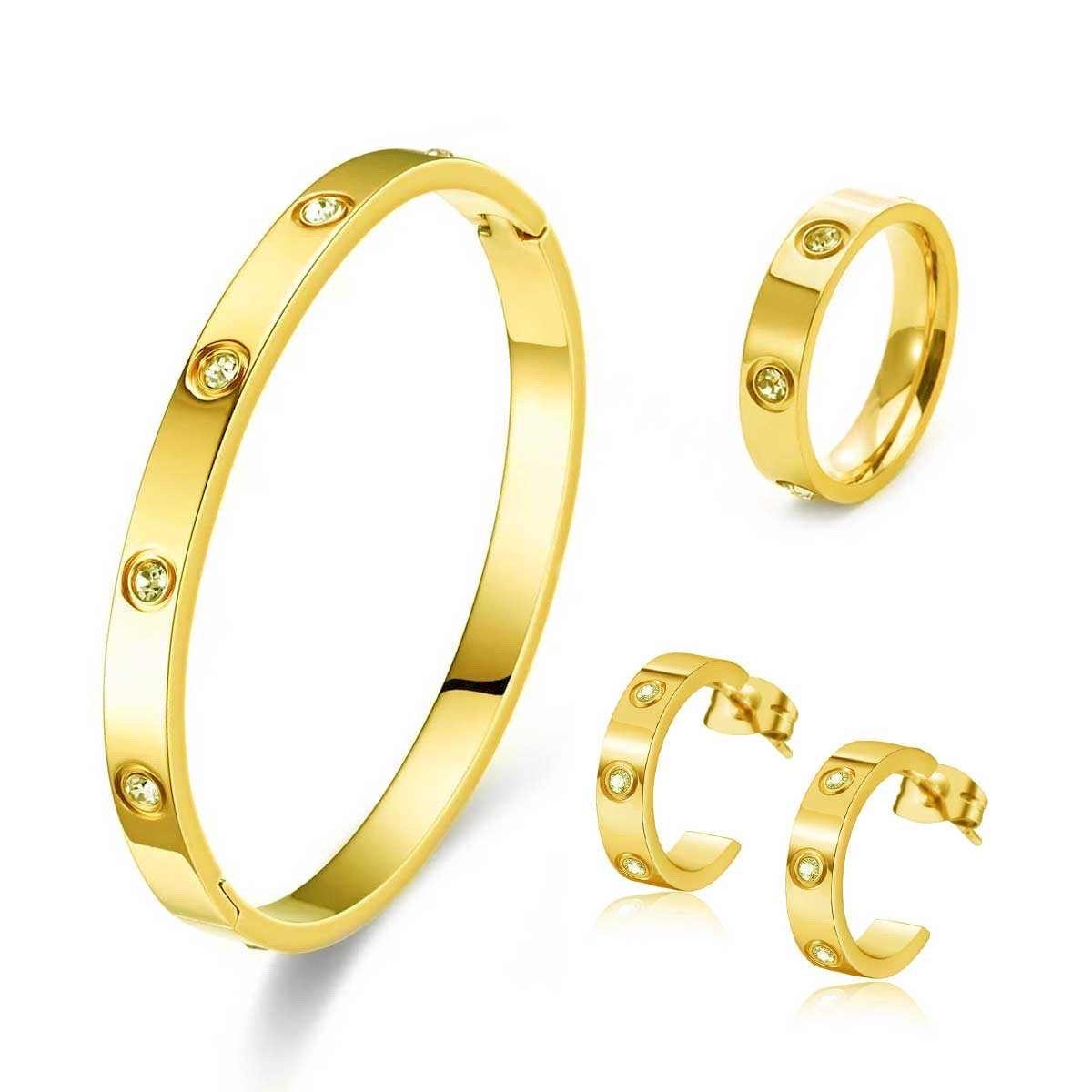 ROUGEMONT Schmuckset Damen Gold Schmuckset Armreif Ohrringe und Ring Wasserfest mehr