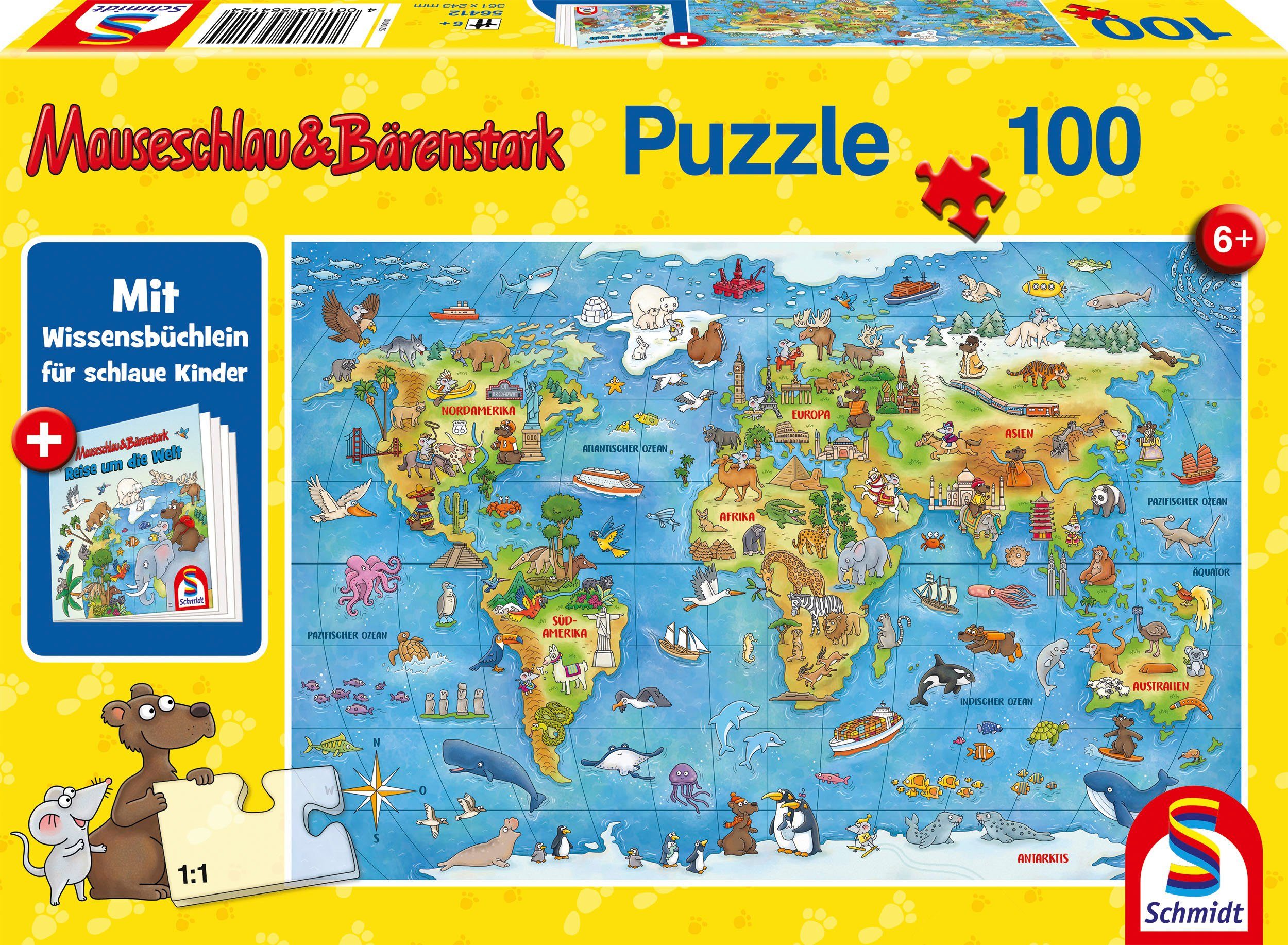 Schmidt Spiele Puzzle Mauseschlau & Bärenstark, Reise um die Welt, 100 Puzzleteile, mit Wissensbüchlein; Made in Europe