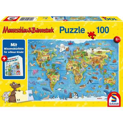 Schmidt Spiele Puzzle Mauseschlau & Bärenstark, Reise um die Welt, 100 Puzzleteile, mit Wissensbüchlein; Made in Europe