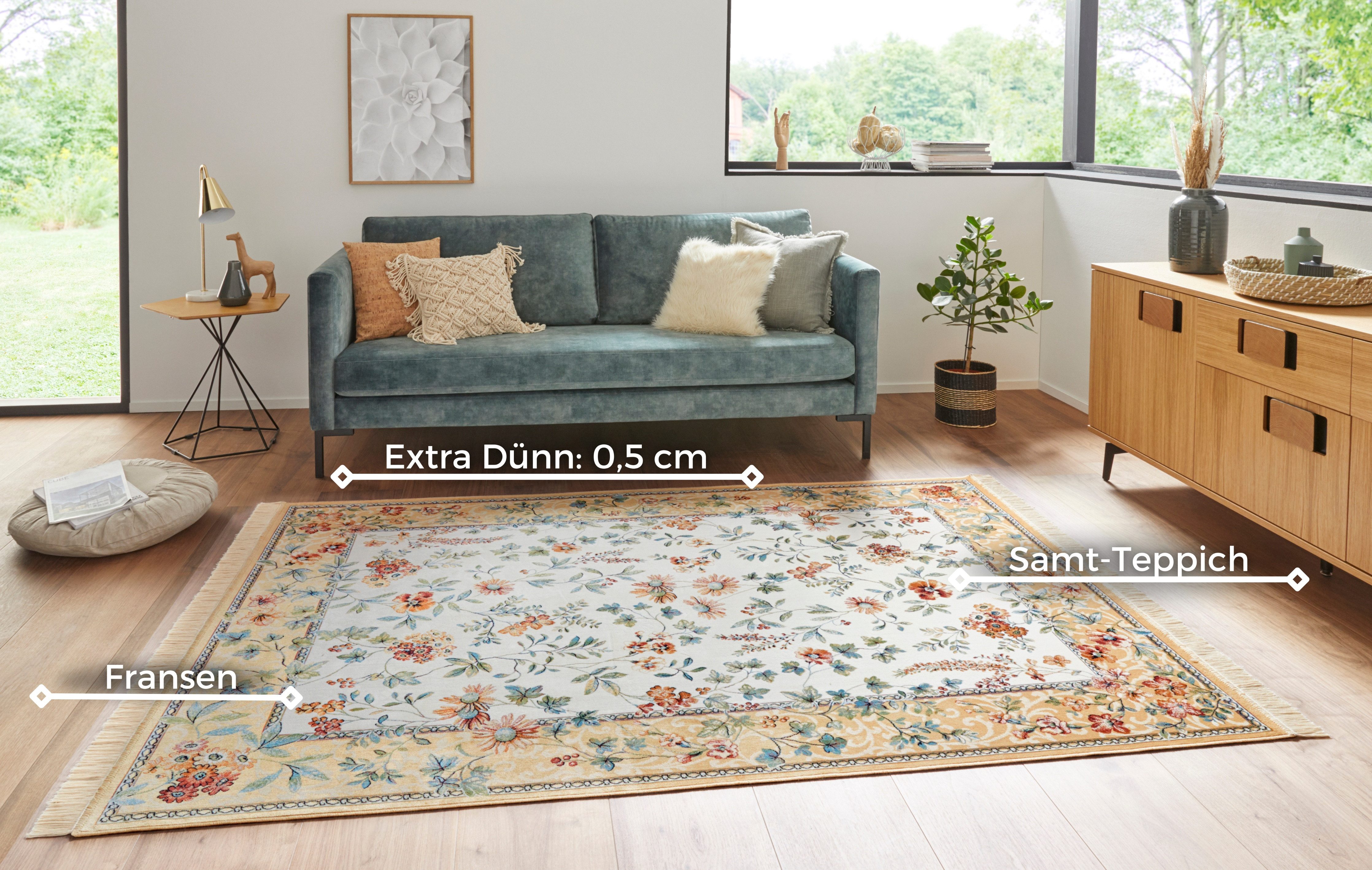 HANSE Home Teppich Orient Flowers, rechteckig, Höhe: 5 mm, Kurzflor mit Fransen, Orient, Wohnzimmer, Schlafzimmer, Esszimmer