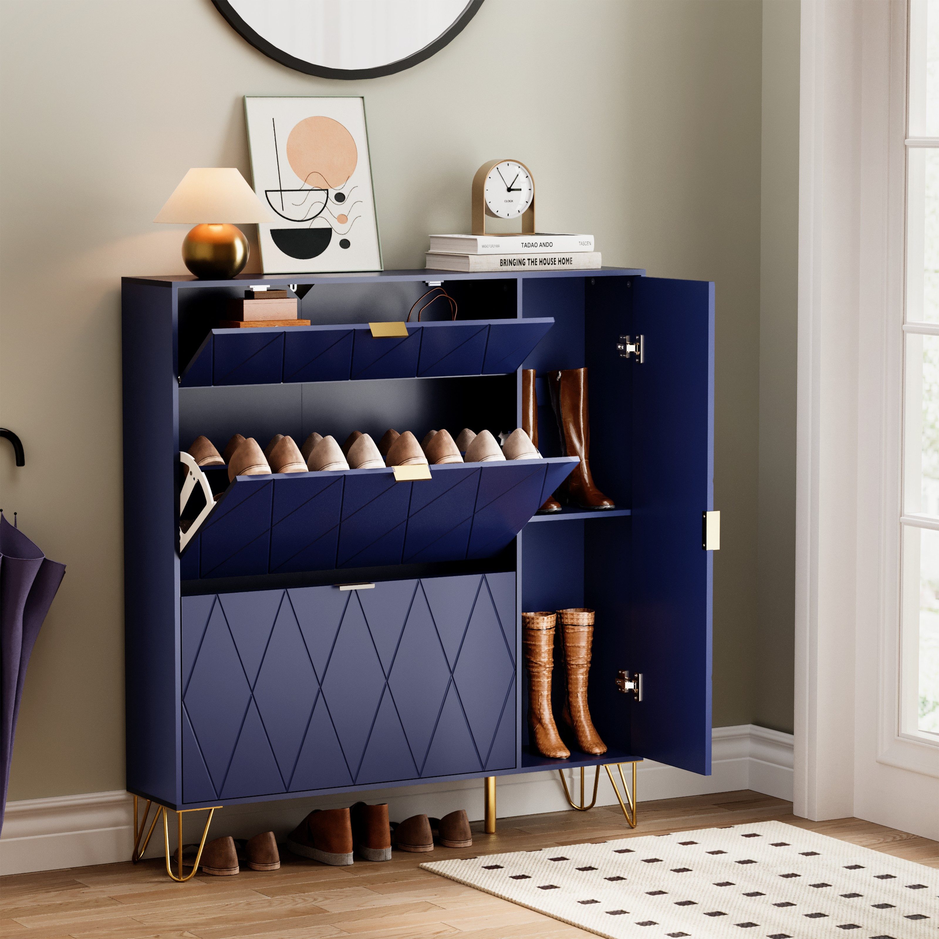 UEV Schuhschrank mit 4 Klappen schmal Schuhkipper Schuhregal (105x24x120cm) verstellbare und herausnehmbare Trennwände für verschiedene Schuhtypen