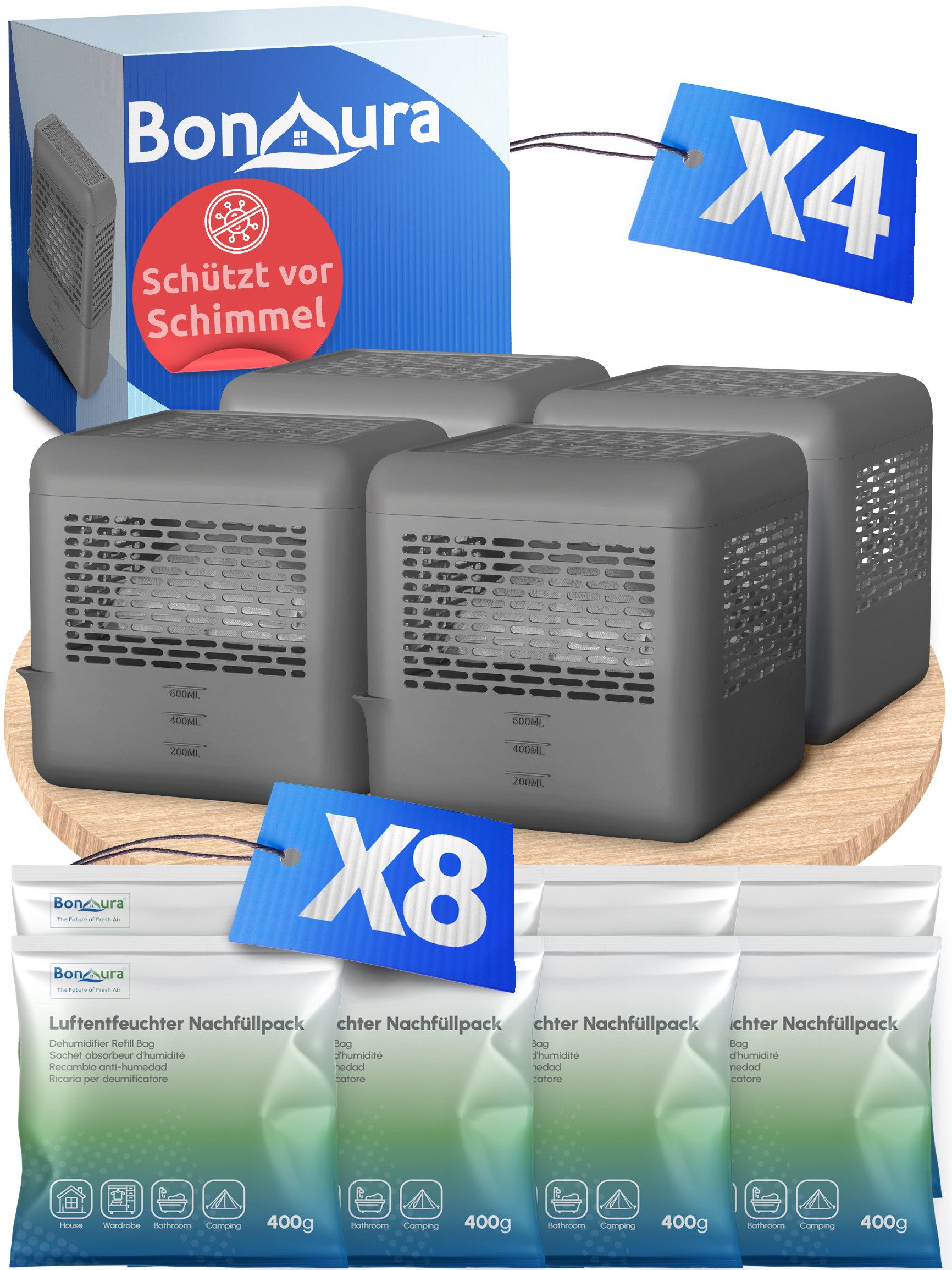 BonAura Luftentfeuchter ohne Strom, für 88 m³ Räume, Tank 0,6 l, 4x Entfeuc günstig online kaufen