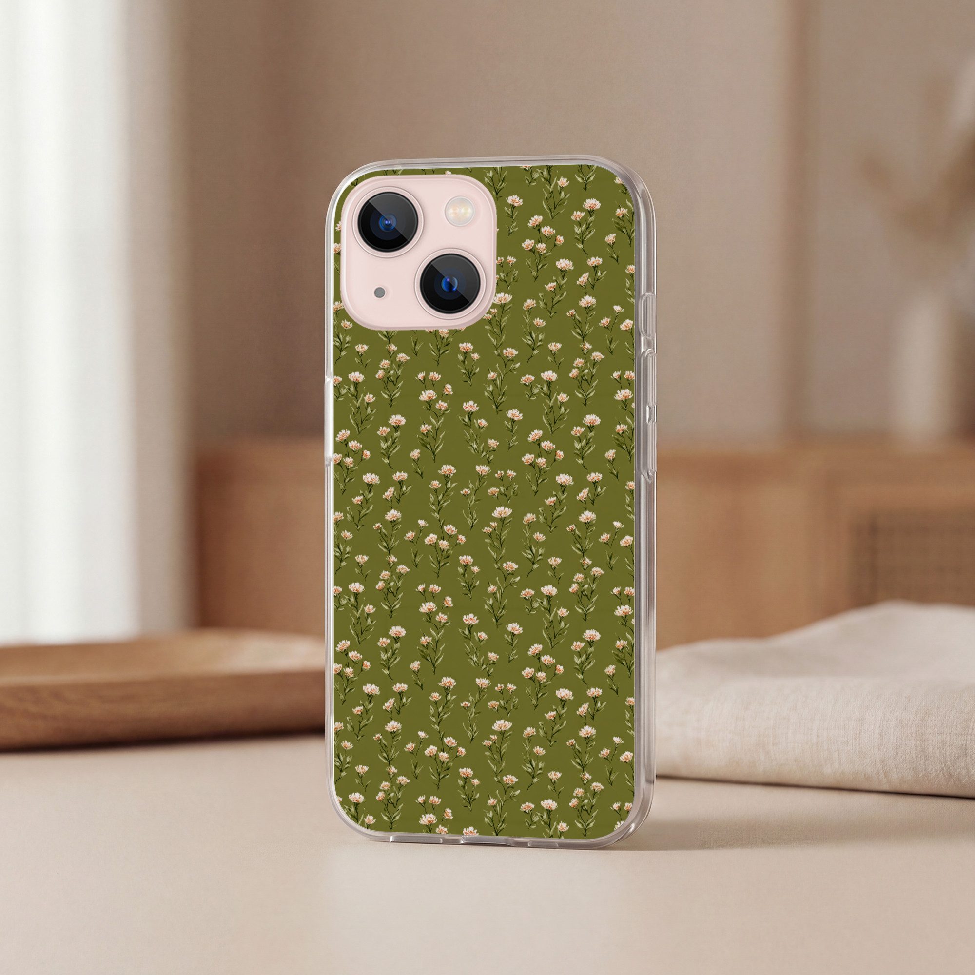 MuchoWow Handyhülle für Apple iPhone 13 Rustikal - Blumen - Grün, Smartphone-Bumper, Print, Handy Schutzhülle Dünn