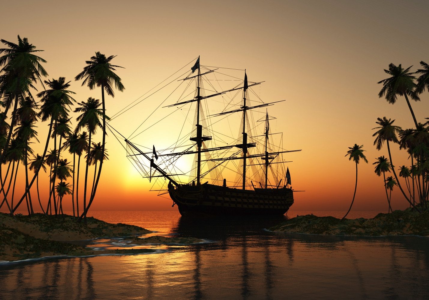 LYSCO Poster XXL Plakat Meer, Strand, Küste, Großes Segel-Schiff im Wasser umsäumt von Palmen und das Meer (S-845) (100 x 70 cm DIN B1), Wandbild, Wandposter (Lieferung gerollt)