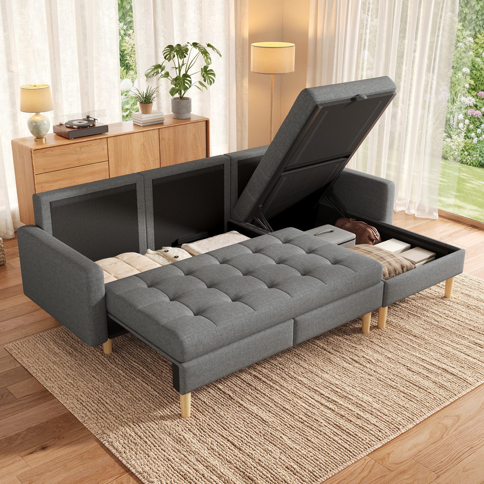Merax Ecksofa mit Stauraum & Schlaffunktion, 212×130×86cm, 1 Teile, L-Form Sofa mit wechselbarer Chaiselongue, 3-Sitzer Sofa Couch
