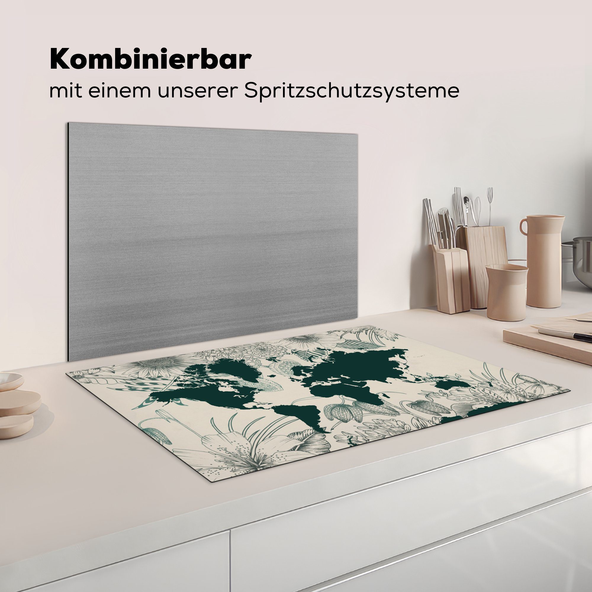 MuchoWow Vinyl, (1 Blumen Induktionskochfeld küche, Pflanzen, - - tlg), für cm, Herdblende-/Abdeckplatte die 81x52 Weltkarte Schutz Ceranfeldabdeckung