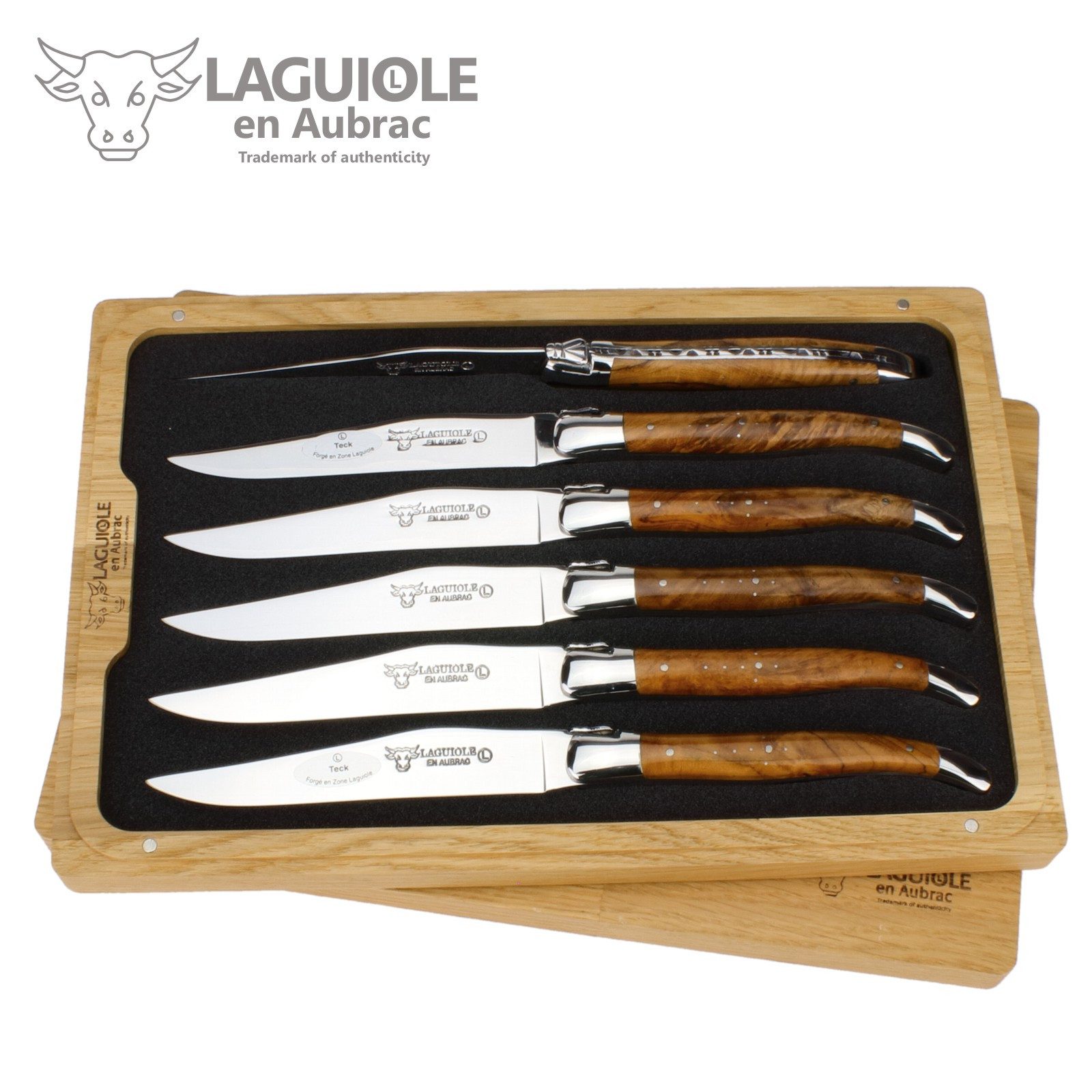 Laguiole en Aubrac Steakmesser 62C99TKIH BRI 6er Set - Griff Teakholz - Backen glänzend - Klinge glänzend - Holzbox