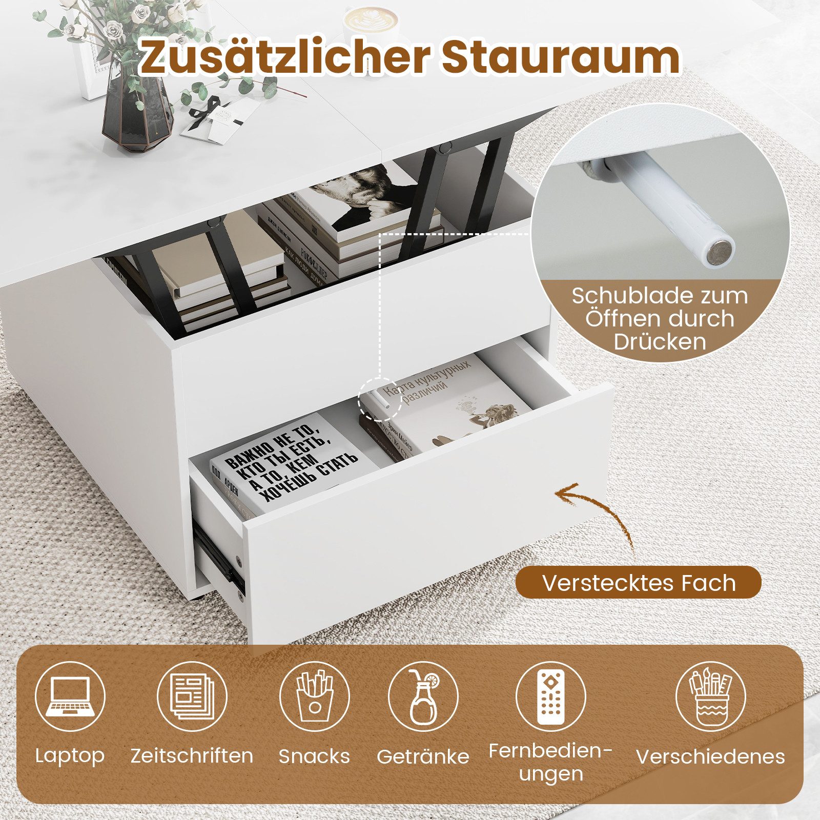 COSTWAY Couchtisch umwandelbar höhenverstellbar mit Schublade, Rollen, Stauraum – Bild 4 von 5