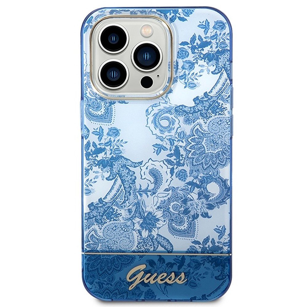 Guess Handyhülle Schutzhülle Rückschale Handyschutz 6,1 Zoll, Porzellan-Dekor, goldenes Logo, Kratzschutz