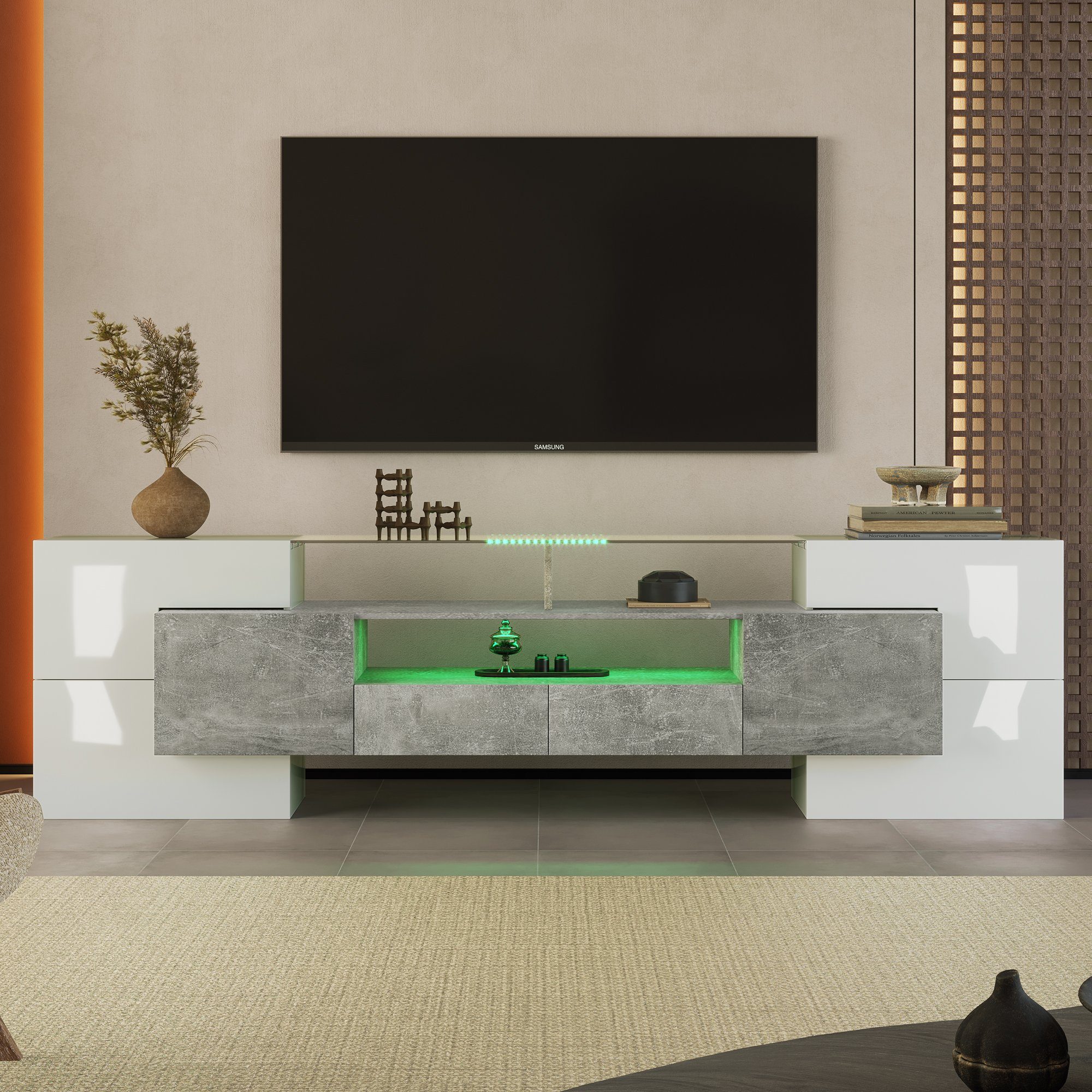 Lowboard TV Glasoberfläche., cm) Fernsehtisch Weiß+Grau TV-Schrank SPLOE Board LED-Beleuchtung Weiß, Elegante TV- 200 (1-St., TV-Schrank HAUSS