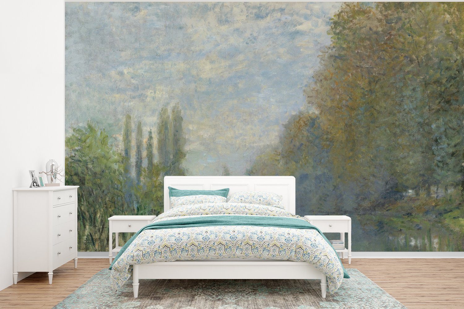 MuchoWow Fototapete Seine-Ufer im Herbst - Gemälde von Claude Monet, Matt, bedruckt, (6 St), Wallpaper für Wohnzimmer, Schlafzimmer, Kinderzimmer, Vinyl Tapete