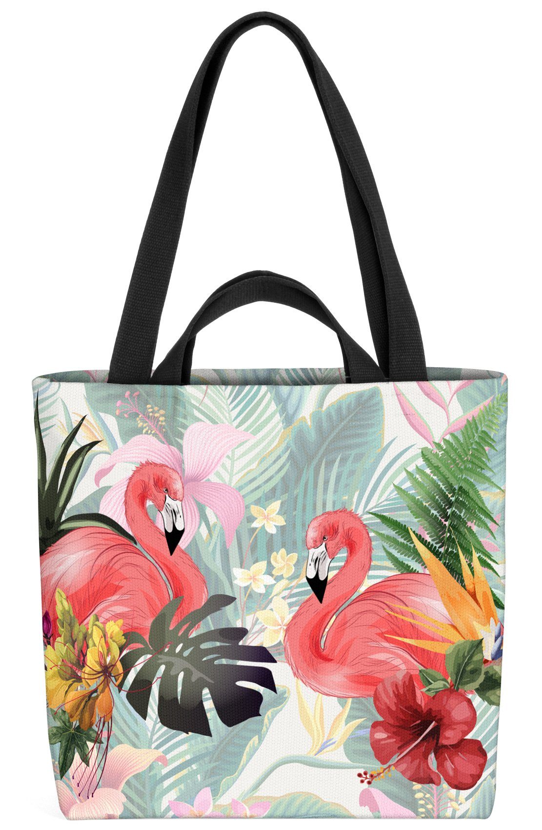 VOID Henkeltasche (1-tlg), Tropen Flamingos Flamingo Safari Zoo Vogel Blumen Palmen-Blätter Hawaii