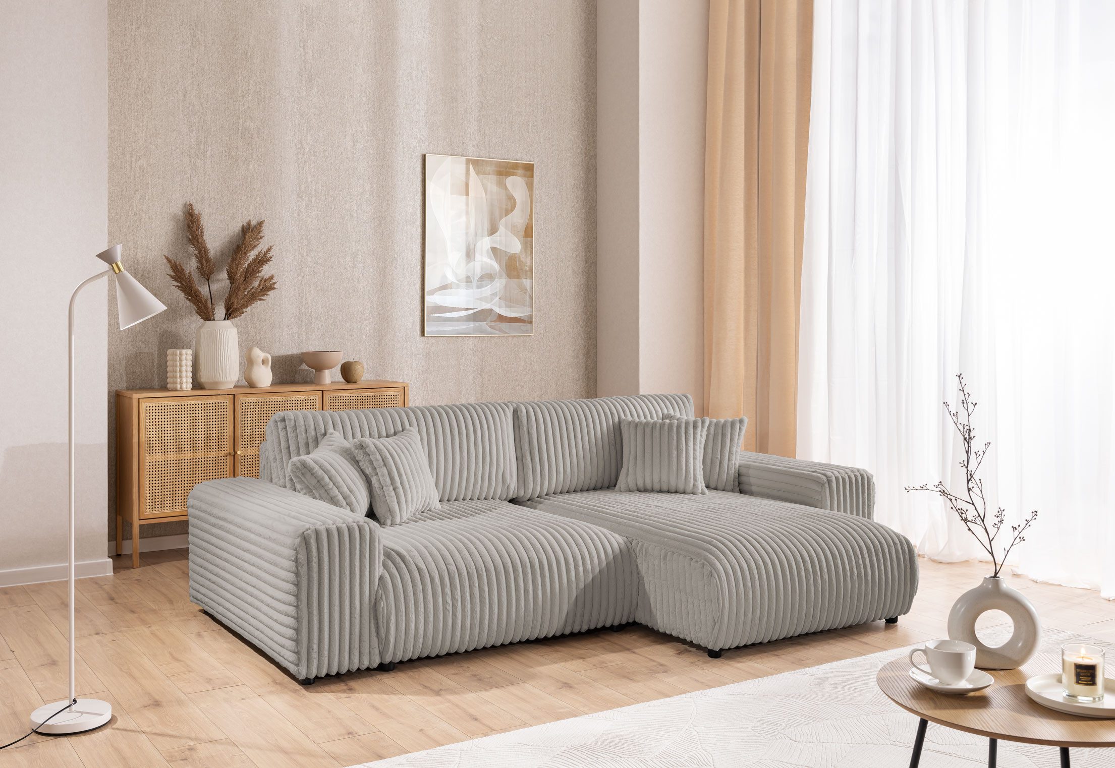 S-Style Möbel Ecksofa Mollis mit Schlaffunktion und Bettkasten aus Plüschcord, mit Wellenfederung, Eckcouch