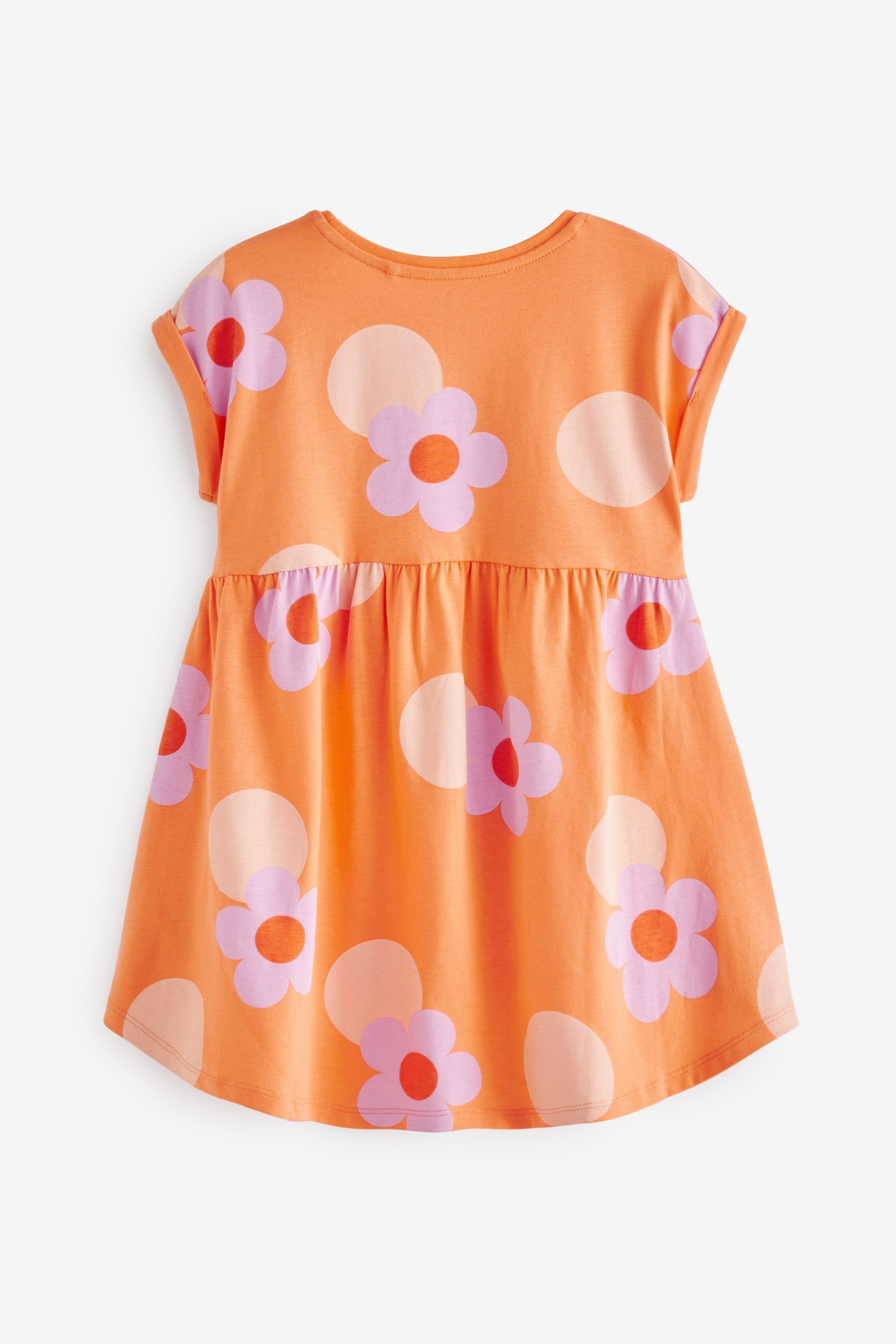 Next Jerseykleid Kurzärmeliges mit Wasserfallsaum (1-tlg) Orange Kleid Flower