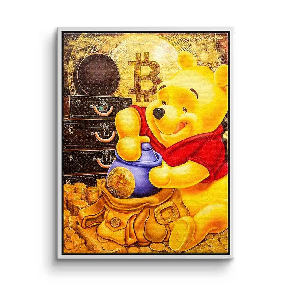 DOTCOMCANVAS® Leinwandbild Bitcoin Bear, Leinwandbild Bitcoin crypto Pu der Bär Winnie-the-Pooh Comic Pop Art weißer Rahmen