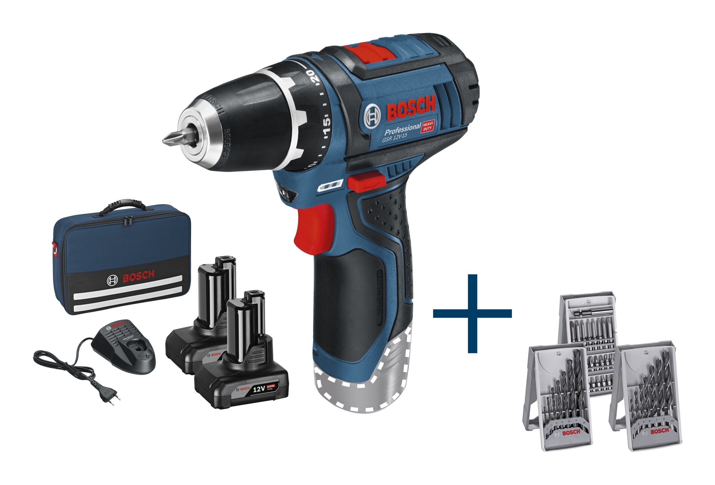 Bosch Professional Akku-Bohrschrauber GSR 12V-15, Ohne Akku mit Zubehör-Set & Handwerkertasche