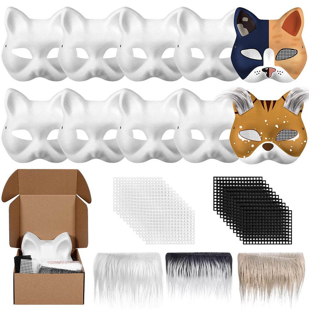 CLTYQ Kreativset Halloween 8 Stück Katzenmasken zum Bemalen, DIY Papier Maske, (33-tlg., DIY Papier Maske mit Kuns Fell und Eye Mesh), DIY Weiße Maske, Therian Mask, für Maskerade, Halloween,Cosplay