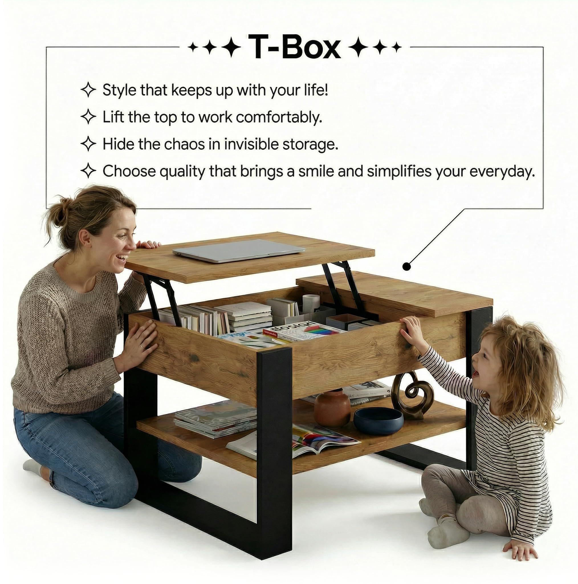 TREND WERK Couchtisch Lift-Couchtisch höhenverstellbar Sofatisch 92×54 cm mit Stauraum (verstecktem Fach Wohnzimmertisch Holz modern Wohnzimmertisch)