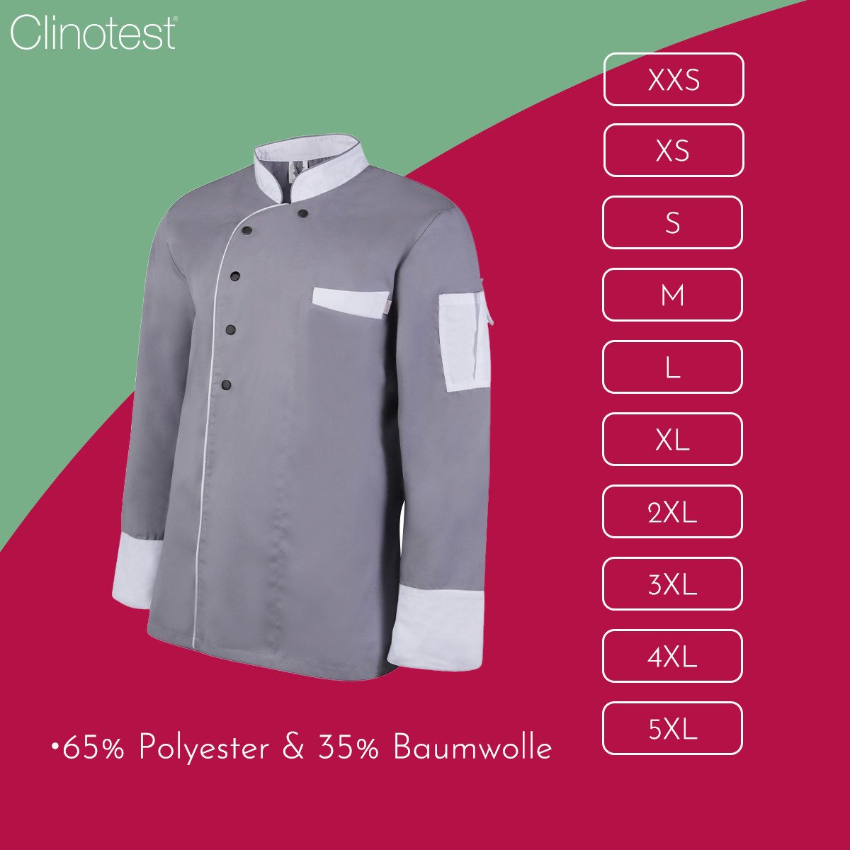 Clinotest Kochjacke langarm - 95 Grad waschbare, kochfeste Kochjacken ohne Einlaufen (1-St) Kochhemd aus 65% Polyester, 35% Baumwolle, mit Druckknopfverschluss – Bild 3 von 5