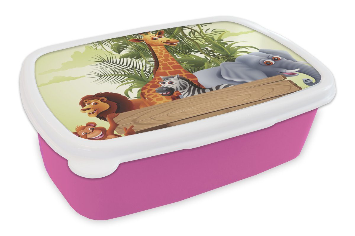 MuchoWow Lunchbox Dschungeltiere - Natur - Kinder - Giraffe, Kunststoff, (2-tlg), Brotbox für Erwachsene, Brotdose Kinder, Snackbox, Mädchen, Kunststoff rosa