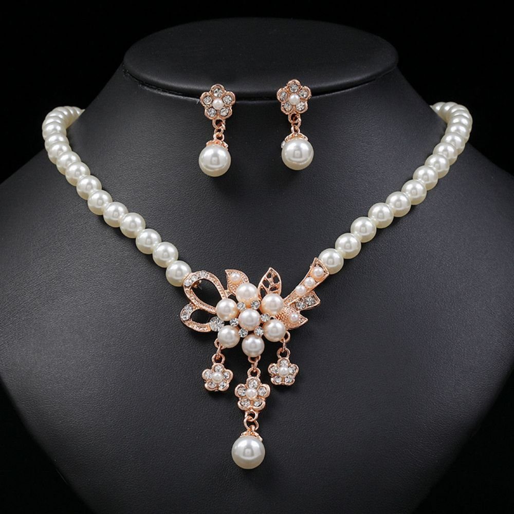 Fivejoy Ohrring und Ketten Set Mode Perle Blume Halskette und Ohrringe Set (Exquisite Verpackungsbox, Ohrringe und Halskette (3 Stück), Kunstperlen)