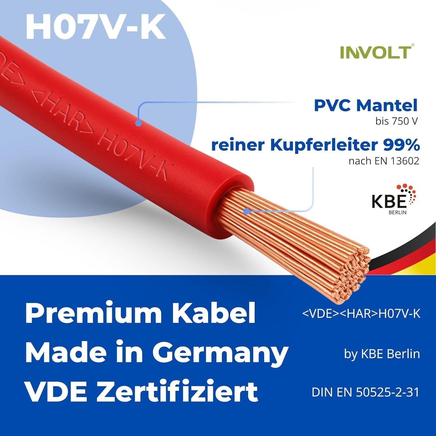 INVOLT H07V-K Verdrahtungsleitung 6mm² Set: 1m Blau, 1m Grün-Gelb, 3m Schwarz Stromkabel