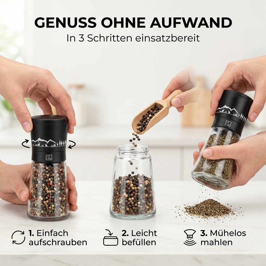 FIXLINE Gewürzmühle Gewürzmühlen SET BLACK FOREST EDITION - hochwertiges Keramikmahlwerk manuell, Black Forest Edition – Bild 4 von 5