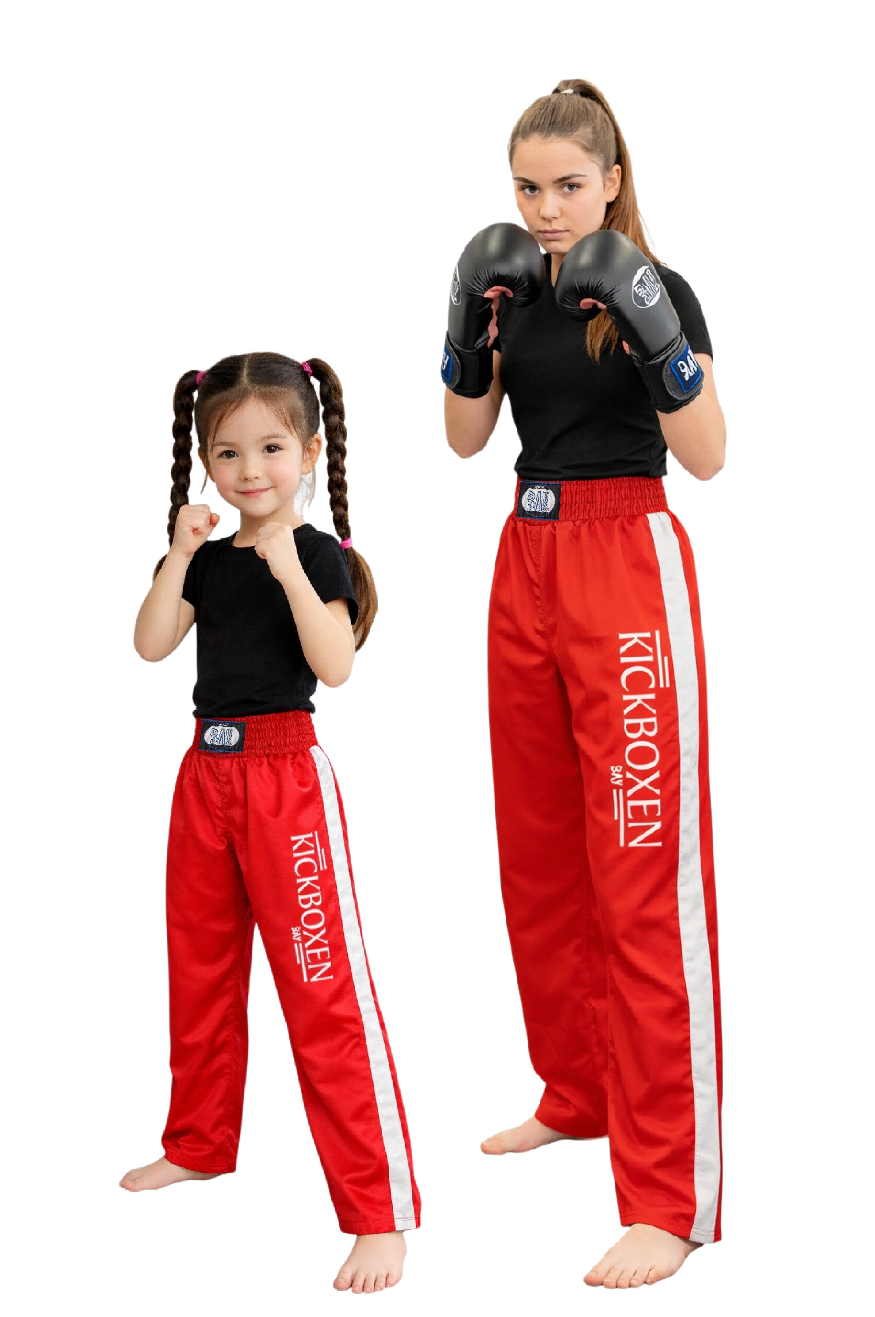 BAY-Sports Sporthose Kickboxhose EDEL STICK Hose lang Kickboxen Kampfsport Kampfsporthose Kinder und Erwachsene, Rot/Weiß