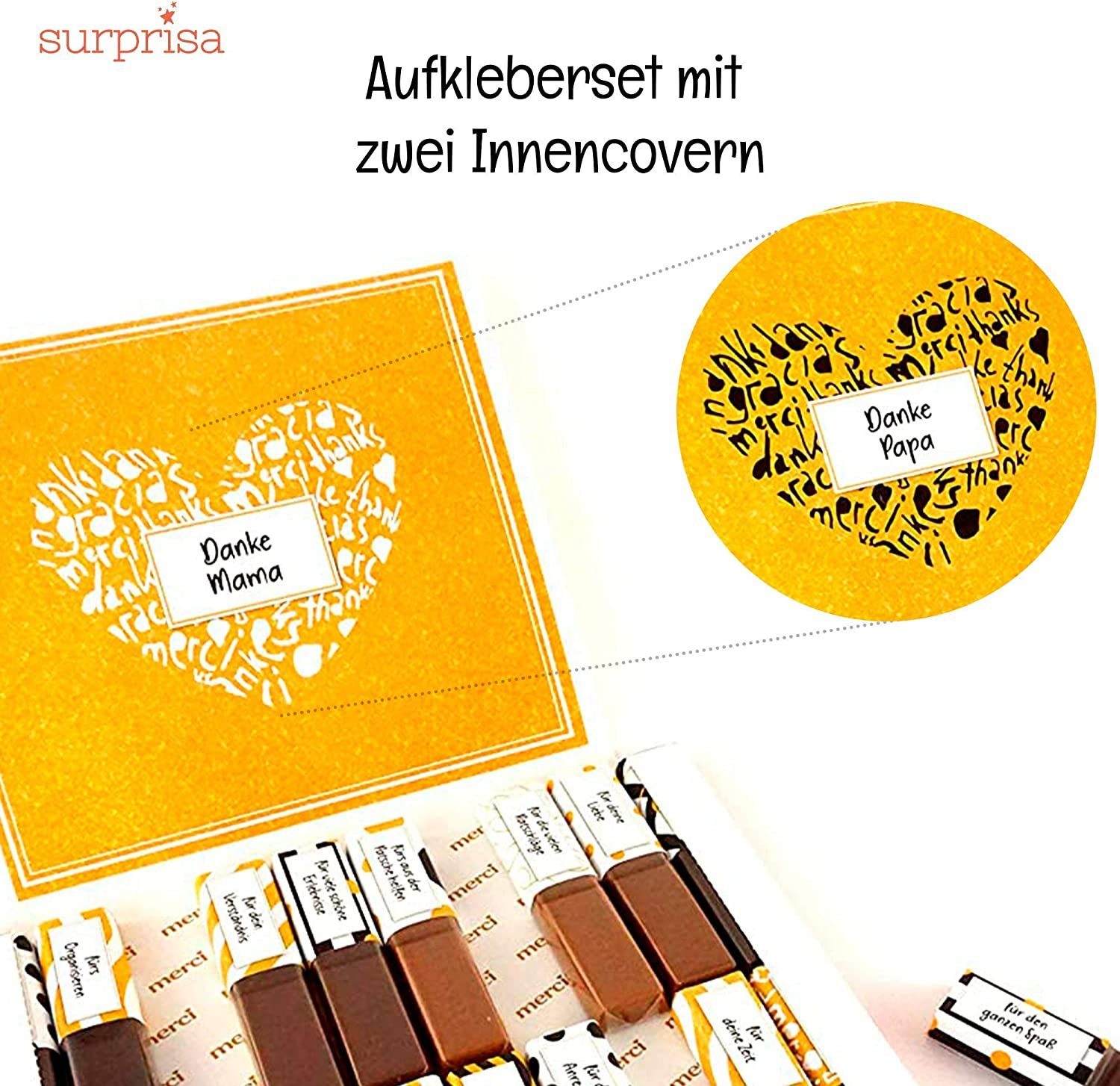 SURPRISA Aufkleber Set 'Danke' für Merci Schokolade, individuelles Geschenk, um Danke zu sagen